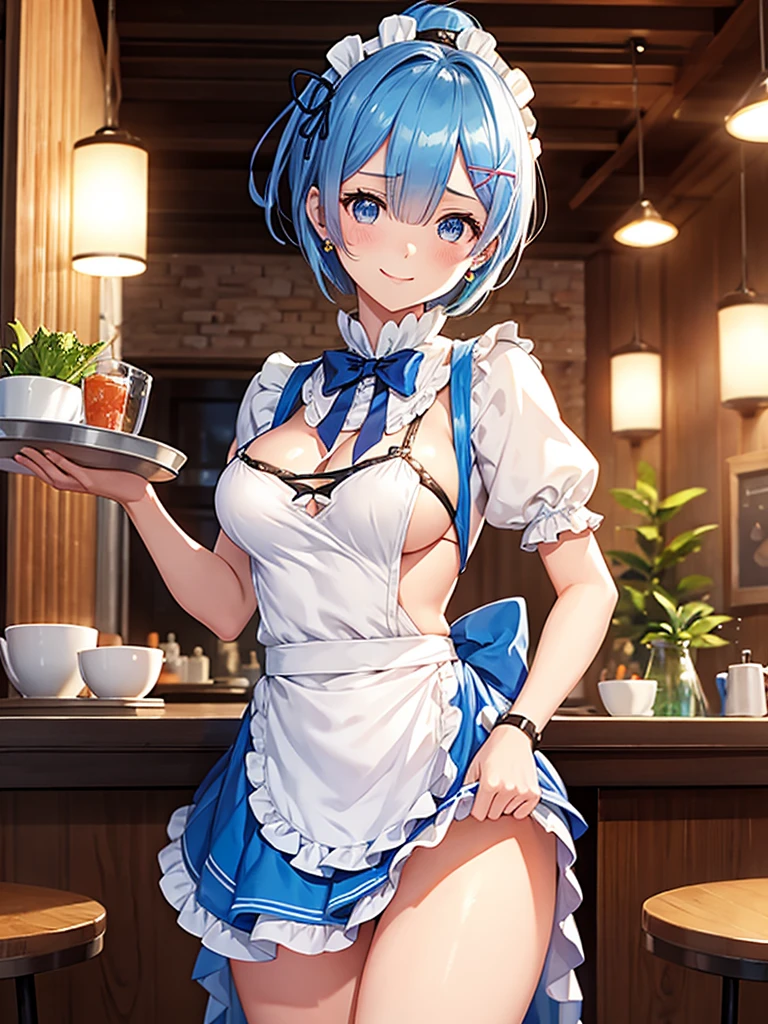 Rem,Re:zero, blue hair,short hair,masterpiece, highest quality,ultra-detailed, realistic, one high school girl, big breasts, night, indoor, lively restaurant, micro bikini pushed, Micro bikini with only strings, ponytail, earrings, white apron, Puffy short sleeves, between the breasts, small tray, central opening, bow tie, pelvic curtain, shy smile, embarrassing, short maid skirt, maid headdress, Cream On