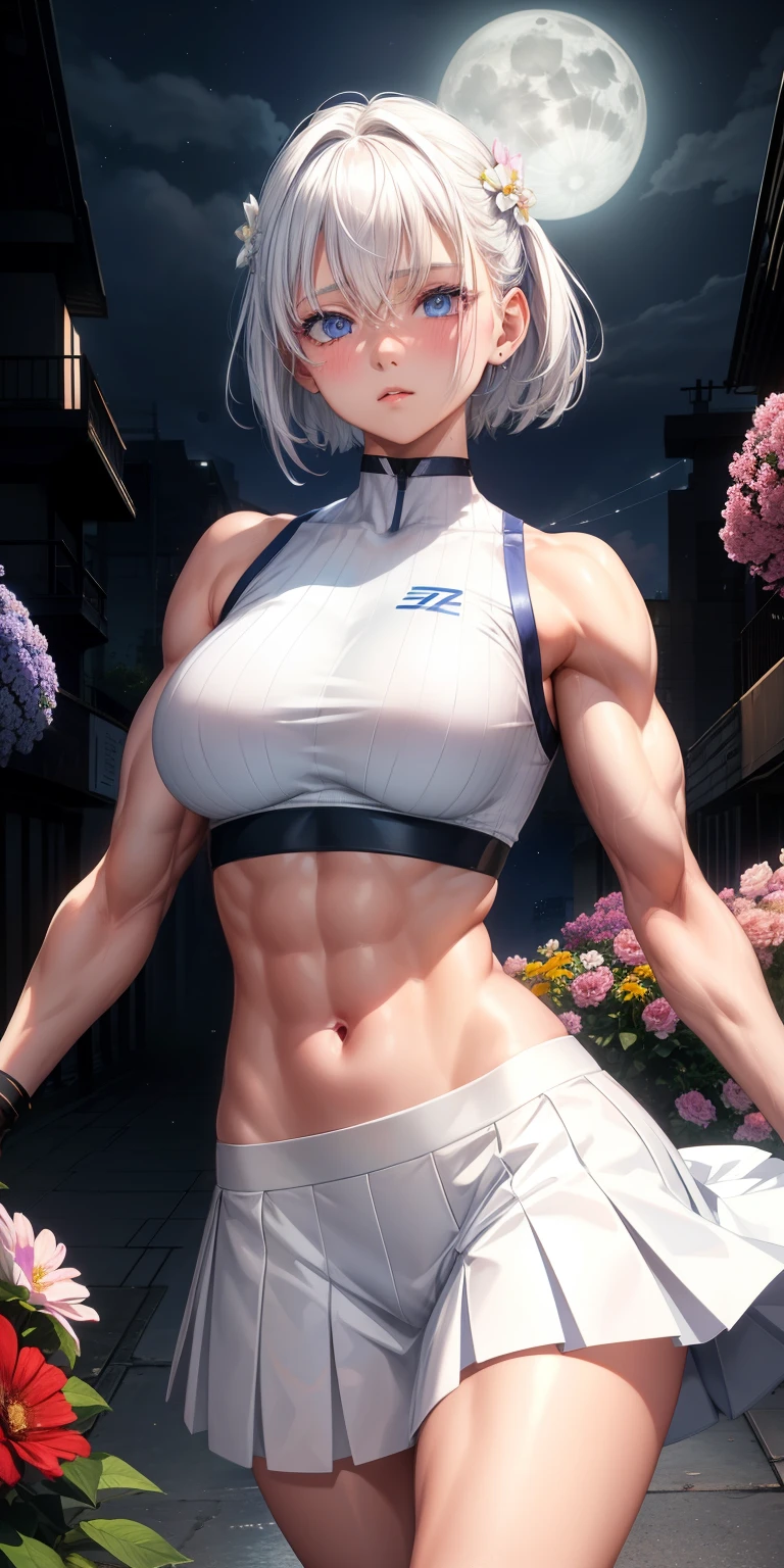 actual, 1 girl, white hair, blue eyes, glowing eyes, crop top, skirt, open lips, blush, Gym, flowers, night, moonlight, abdominal muscles, muscle , biceps