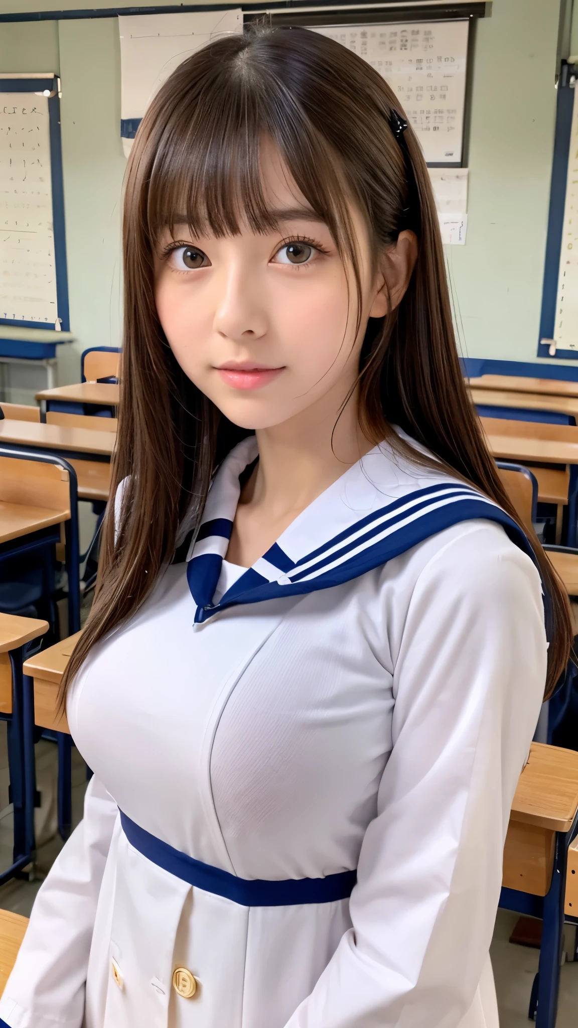 (Face up of cute girl in sailor suit with slender small breasts:1.5)、(One girl with a sad face:1.3)、(School classroom at dusk:1.3)、(tre anatomically correct:1.3)、(complete hands:1.3)、(complete fingers:1.3)、Photorealsitic、Raw photography、masutepiece、top-quality、Hi-Res、delicate and pretty、face perfect、Beautiful detailed eyes、Fair skin、Real Human Skin、pores、((thin legs))、(Dark hair)