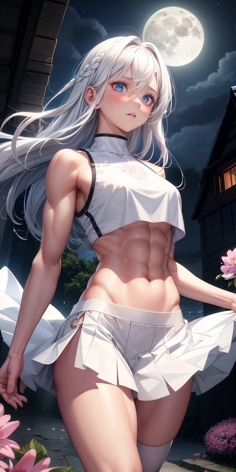actual, 1 girl, white hair, blue eyes, glowing eyes, crop top, skirt, open lips, blush, Gym, flowers, night, moonlight, abdominal muscles, muscle , biceps