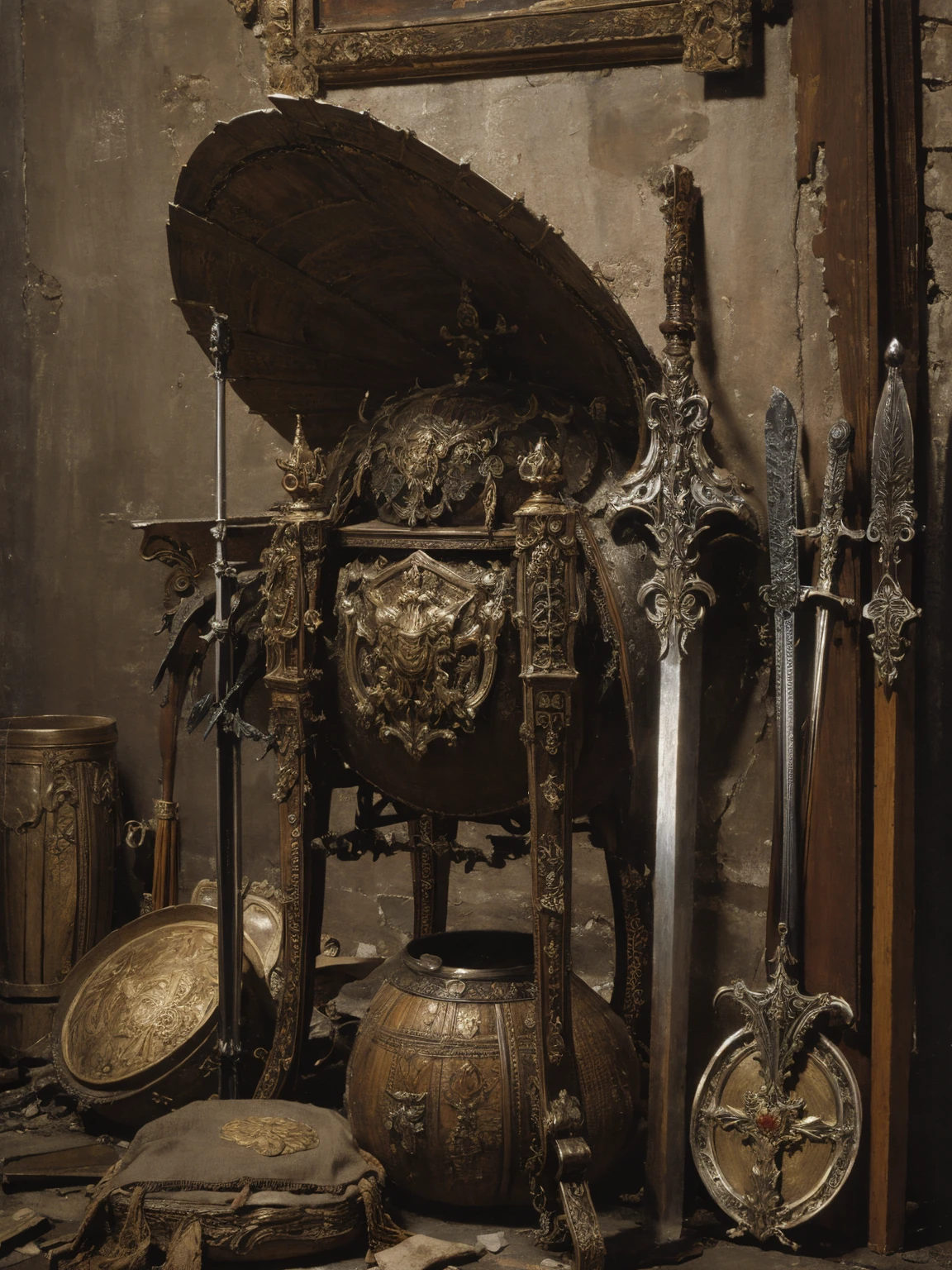 stilllife front view, matallic huge battle shield in centre, symmetric composition, ancient old gamaged shield with covered decor, front vew frontal, wood metal plasma, super detailed, high resolution, ultra detalisation. masterpiece, ancient weapon steel swords around, pile of weapons steel swords weapon,