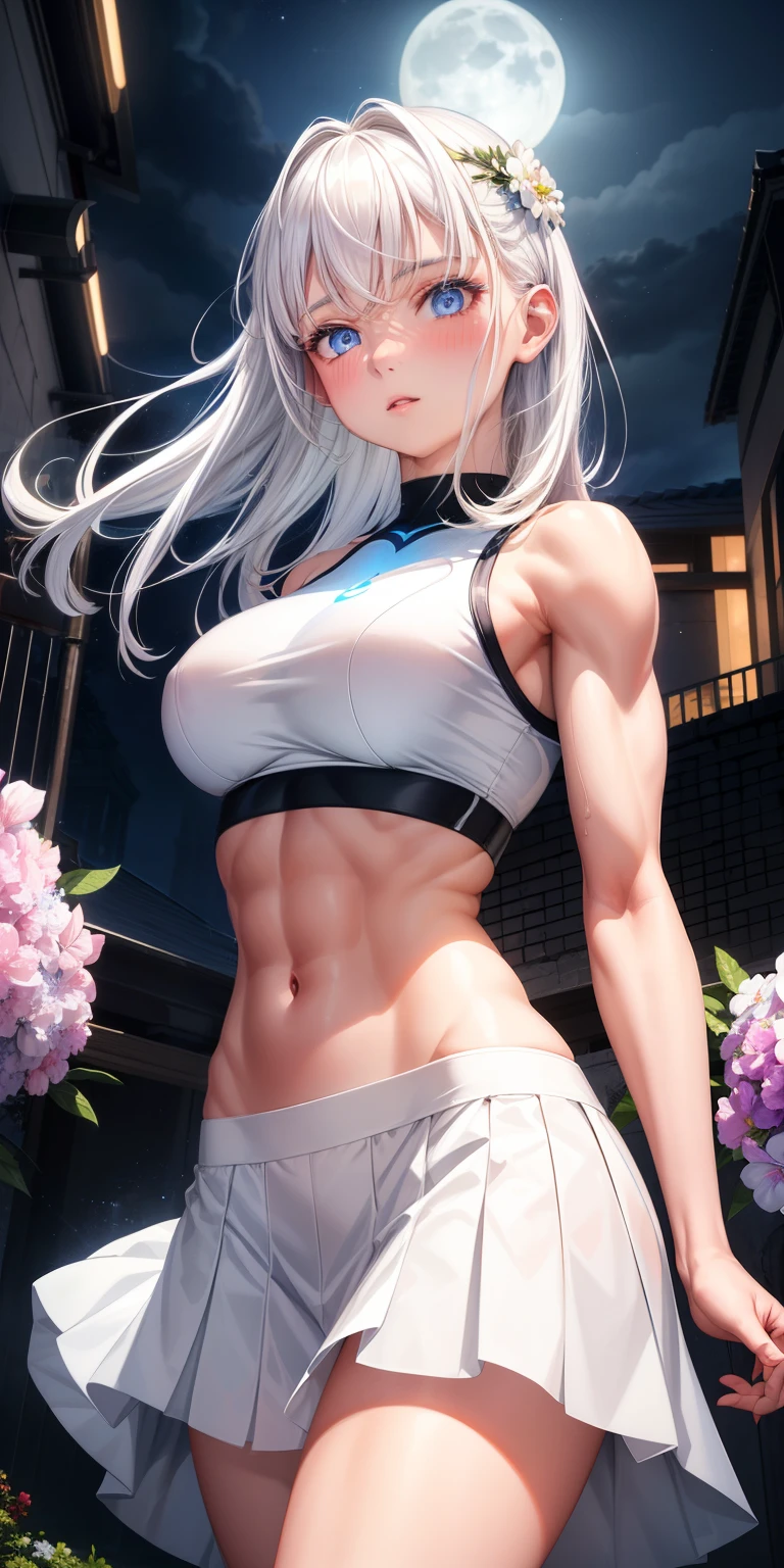 actual, 1 girl, white hair, blue eyes, glowing eyes, crop top, skirt, open lips, blush, Gym, flowers, night, moonlight, abdominal muscles, muscle , biceps