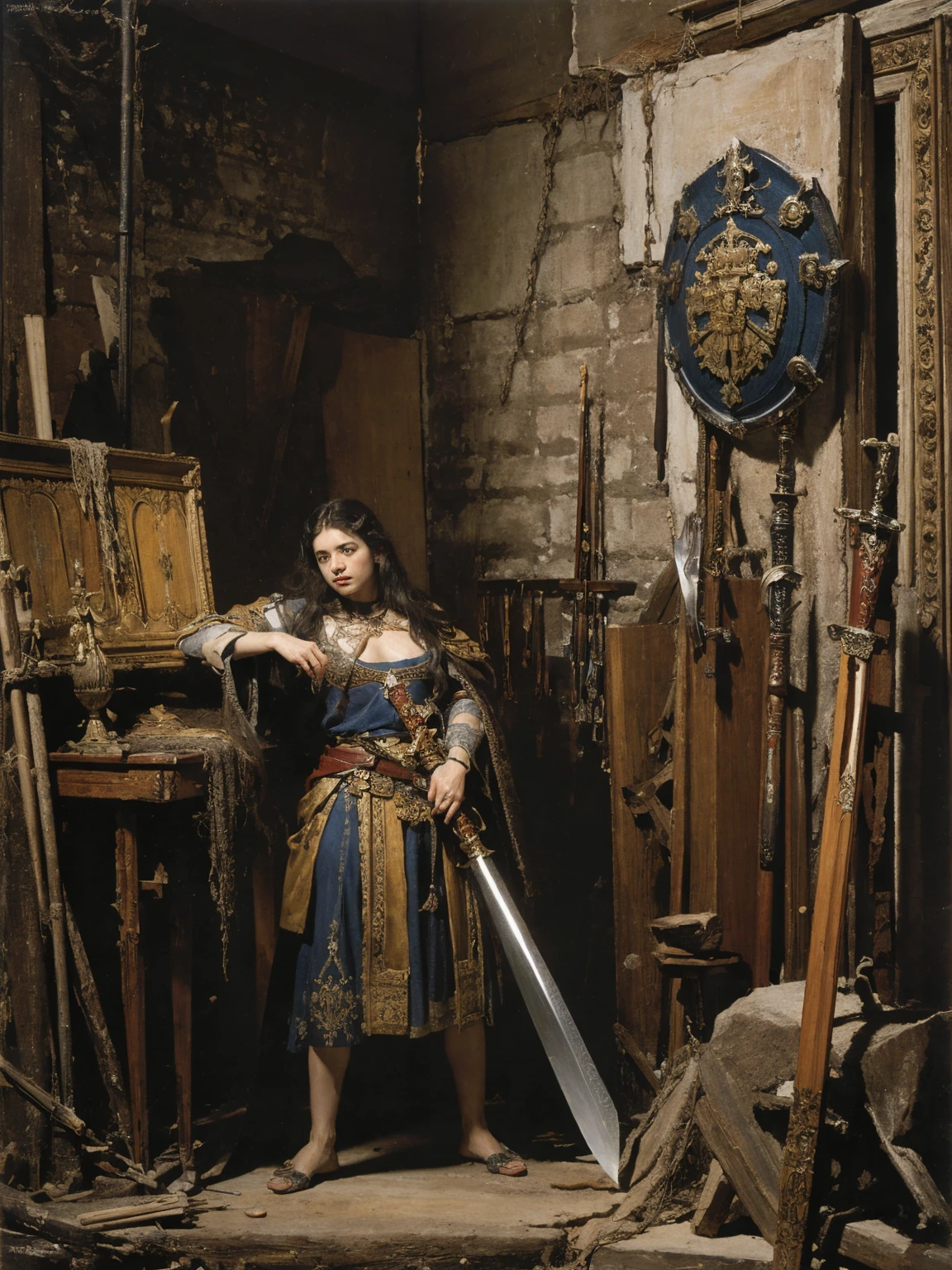 stilllife front view, matallic huge battle shield in centre, symmetric composition, ancient old gamaged shield with covered decor, front vew frontal, wood metal plasma, super detailed, high resolution, ultra detalisation. masterpiece, ancient weapon steel swords around, pile of weapons steel swords weapon,