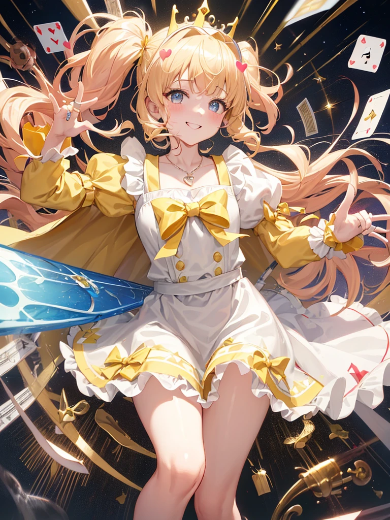 photo realistic, (masterpiece,best quality:1.4),(8k,raw photo,photo realistic:1.2),Not Safe for Work, detailed skin,detailed face,1girl,princess,Alice in Wonderland,cute face, super resolution,retro realistic details Illustration,
((( holding weapon, weapon is hammer, ))), A hammer imbued with magical power, ((yellow, checkered, frilled, yellow layered, yellow mini skirt, overskirt)), ((White ruffle apron)), ((shiny wavy hair)), diadems, ankle boots, doress, (((is turning))), (yellow frilled shirt), yellow gothic dresses, shairband, shortsleeves, the bow hair, happy, ;p, medium bob, (blonde hair), ((wavy hair)), shimmering eyes, ((Blue eyes)),  ((yellow shairband)), (((skirt-lift))), melting smile, a smile, red blush, yellow Doress, Alice (Alice in Wonderland), (((cape))), White frilled legwear, ((yellow the Bow)), Puffy Sleeves, Bangss, shortsleeves, ((yellow bow ribbon)), (long hair), (White frilled apron), (((tiara))),  White frilled legwear, frilld, yellow gothic dresses,: q, ((Heart necklace)), ((ring)), masterpiece, top-quality, not safe for work, , child, 14 yo, braided bangs, arm garter, baby face ,twinkle in the eye, flat chest,
yumekawa,yumekawaii,pastel color,(wonderland:1.3),imagination, floating many (musical notes:1.4) with score, colorful musical notes, ((light Pink background)), (Multicolored lights),magic circlel, (((trading card))),