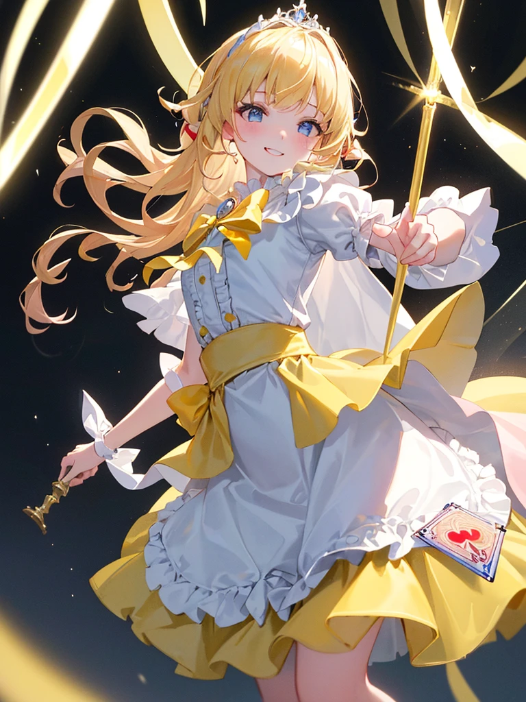 photo realistic, (masterpiece,best quality:1.4),(8k,raw photo,photo realistic:1.2),Not Safe for Work, detailed skin,detailed face,1girl,princess,Alice in Wonderland,cute face, super resolution,retro realistic details Illustration,
((( holding weapon, weapon is hammer, ))), A hammer imbued with magical power, ((yellow, checkered, frilled, yellow layered, yellow mini skirt, overskirt)), ((White ruffle apron)), ((shiny wavy hair)), diadems, ankle boots, doress, (((is turning))), (yellow frilled shirt), yellow gothic dresses, shairband, shortsleeves, the bow hair, happy, ;p, medium bob, (blonde hair), ((wavy hair)), shimmering eyes, ((Blue eyes)),  ((yellow shairband)), (((skirt-lift))), melting smile, a smile, red blush, yellow Doress, Alice (Alice in Wonderland), (((cape))), White frilled legwear, ((yellow the Bow)), Puffy Sleeves, Bangss, shortsleeves, ((yellow bow ribbon)), (long hair), (White frilled apron), (((tiara))),  White frilled legwear, frilld, yellow gothic dresses,: q, ((Heart necklace)), ((ring)), masterpiece, top-quality, not safe for work, , child, 14 yo, braided bangs, arm garter, baby face ,twinkle in the eye, flat chest,
yumekawa,yumekawaii,pastel color,(wonderland:1.3),imagination, floating many (musical notes:1.4) with score, colorful musical notes, ((light Pink background)), (Multicolored lights),magic circlel, (((trading card))),