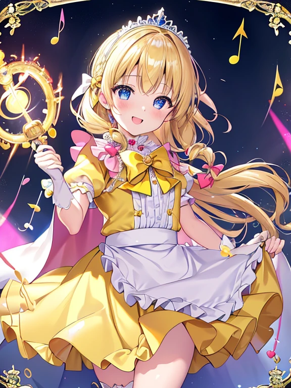 photo realistic, (masterpiece,best quality:1.4),(8k,raw photo,photo realistic:1.2),Not Safe for Work, detailed skin,detailed face,1girl,princess,Alice in Wonderland,cute face, super resolution,retro realistic details Illustration,
((( holding weapon, weapon is hammer, ))), A hammer imbued with magical power, ((yellow, checkered, frilled, yellow layered, yellow mini skirt, overskirt)), ((White ruffle apron)), ((shiny wavy hair)), diadems, ankle boots, doress, (((is turning))), (yellow frilled shirt), yellow gothic dresses, shairband, shortsleeves, the bow hair, happy, ;p, medium bob, (blonde hair), ((wavy hair)), shimmering eyes, ((Blue eyes)), ((yellow shairband)), (((skirt-lift))), melting smile, a smile, red blush, yellow Doress, Alice (Alice in Wonderland), (((cape))), White frilled legwear, ((yellow the Bow)), Puffy Sleeves, Bangss, shortsleeves, ((yellow bow ribbon)), (long hair), (White frilled apron), (((tiara))), White frilled legwear, frilld, yellow gothic dresses,: q, ((Heart necklace)), ((ring)), masterpiece, top-quality, not safe for work, , child, 14 yo, braided bangs, arm garter, baby face ,twinkle in the eye, flat chest,
yumekawa,yumekawaii,pastel color,(wonderland:1.3),imagination, floating many (musical notes:1.4) with score, colorful musical notes, ((light Pink background)), (Multicolored lights),magic circlel, (((trading card))),