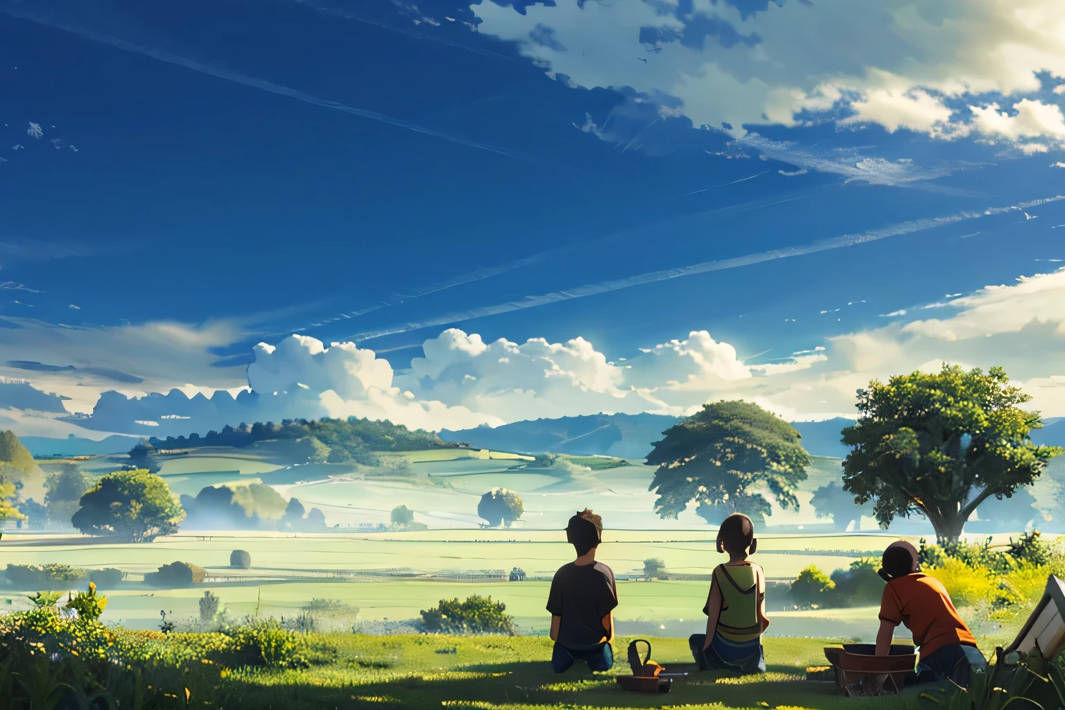 Vast and majestic skyline、The big sky occupies two-thirds of the photo、Girls and boys in casual clothes sitting side by side in the meadow、There is a ancient bagan city in the distance