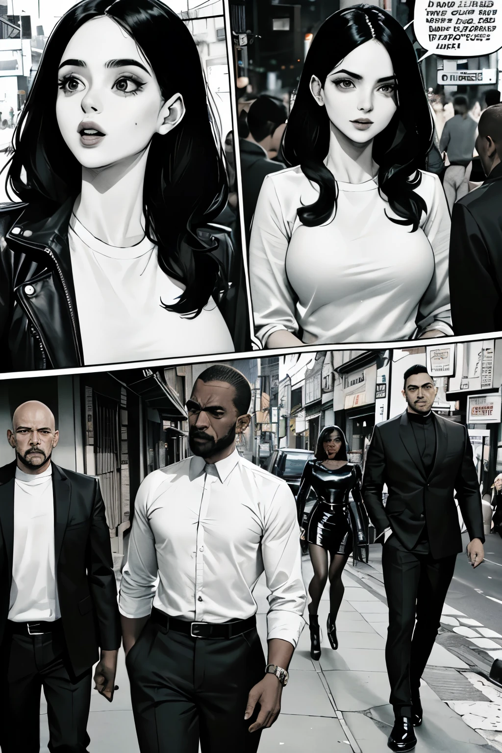 comic book page, mulher madura de cabelos negros longos de jaqueta preta e mini saia conversando com um homem na rua, vista panoramica, many buildings, varios angulos