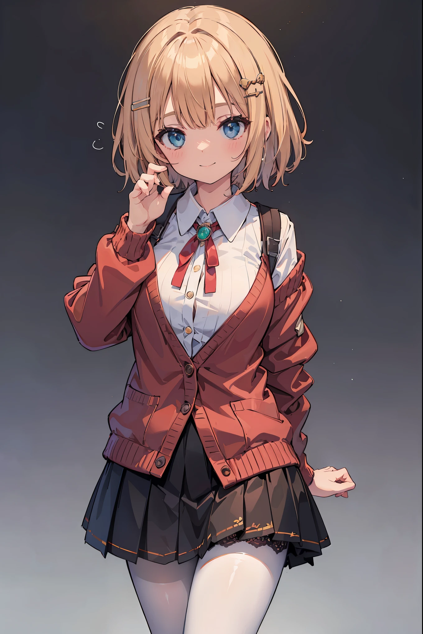 Masterpiece, top quality, high resolution, hair ornament, medium hair, red ribbon and lace, large breasts, jewelry, red cardigan, brooch, pendant, white shirt, vertically striped skirt, white and black striped pantyhose, cowboy shot , standing with thighs spread to the left and right, smile, enchanting genius, ultra-detailed skin, (best lighting by famous artists: 1.2), 8K, (acting instruction of charming poses by famous masters: 1.4),