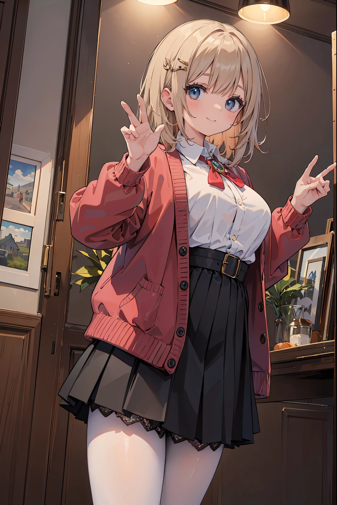 Masterpiece, top quality, high resolution, hair ornament, medium hair, red ribbon and lace, large breasts, jewelry, red cardigan, brooch, pendant, white shirt, vertically striped skirt, white and black striped pantyhose, cowboy shot , standing with thighs spread to the left and right, smile, enchanting genius, ultra-detailed skin, (best lighting by famous artists: 1.2), 8K, (acting instruction of charming poses by famous masters: 1.4),