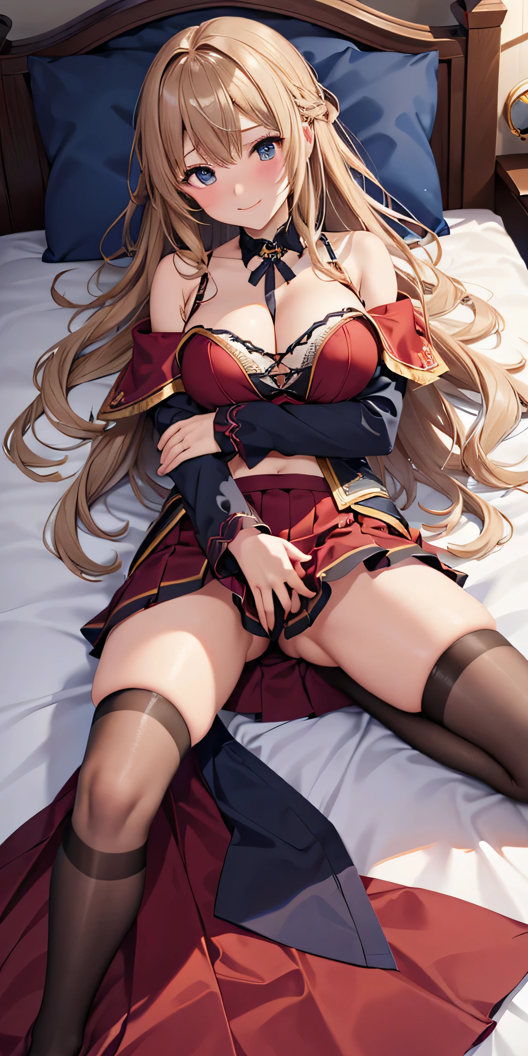 debris flies, highest quality, Highly detailed CG Unity 8K wallpaper, sexy witch , Long length hair、Dark blonde wavy hair、off shoulder knit, dark blue pleated skirt, stockings、medium breasts, saggy breasts, Pose that emphasizes the chest, blush, shy smile, bare shoulders, (((lift up the skirt with both hands、open your legs wide、please open your knees)))、cover one's crotch with one's hands、nice magic book、church bed、lying in bed、、red panties、red bra