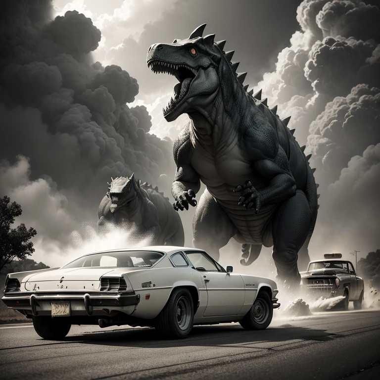 a vintage photo with the science-fiction theme showing a dinosaur rampage on the highway and cars exploding taken from the drivers seat showing aging with scratches, photography, film noir