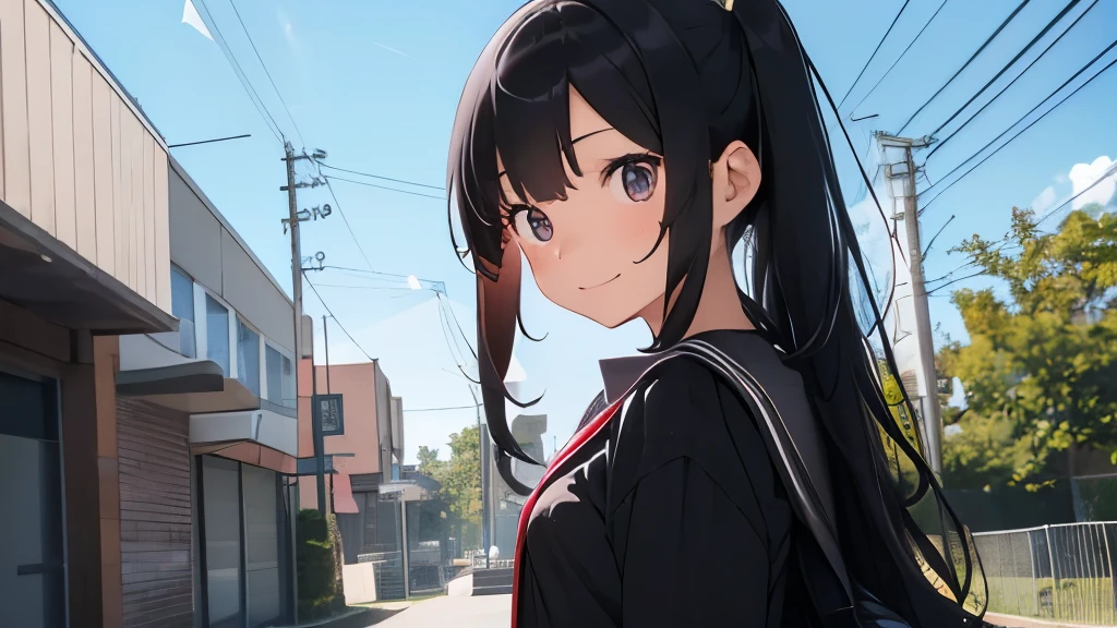 School、high school student、、Energetic girl、cute、hair is black and long、eyes are big and clear、very smiling、Black Sarah Outfit、black eye、Entrance Ceremony、school gate
