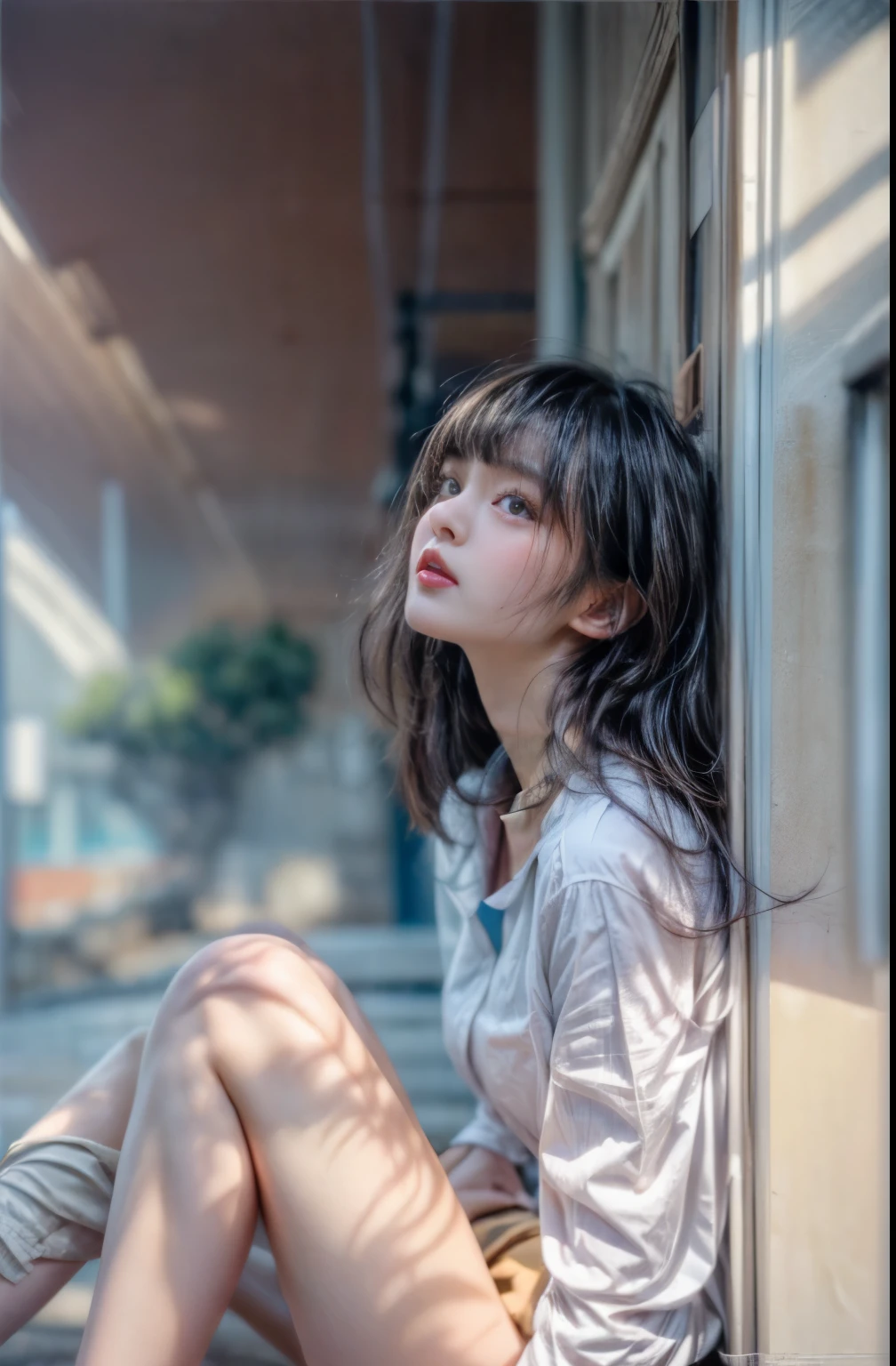 masterpiece、8K、32K、highest quality、(Detailed both eyes)、(cute japanese woman、bangs:1.3)、23 years old、1 girl、elegant、black hair、(retro、film camera:1.4)、(huge  :1.2)、Sit by the wall、(white collar shirt:1.3)、office