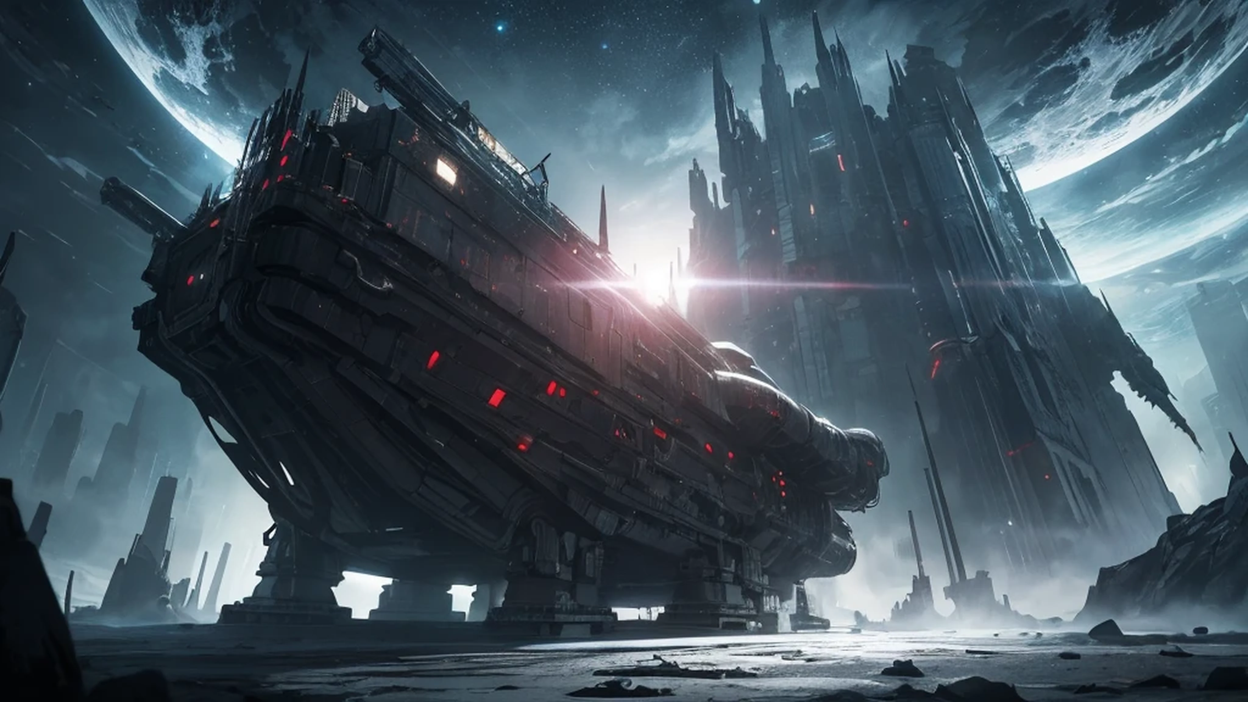 In this ultra-realistic 8K CG masterpiece, a dark and surreal scene unfolds before your eyes. An alien spaceship, reminiscent of the works of Giger and Zdzisław Beksiński, drifts silently through the vastness of space, its intricate biomechanical elements commanding attention. Towering over the rings of Saturn, the spaceship casts an ominous shadow, adding to the eerie atmosphere of the scene.
Vibrant and dark colors dance across the canvas, creating a stark contrast that amplifies the otherworldly nature of the setting. Mysterious lights emit from the spaceship, illuminating the surrounding darkness and adding to the enigma of the scene. The spaceship itself is a marvel of detail, with intricate elements adorning its