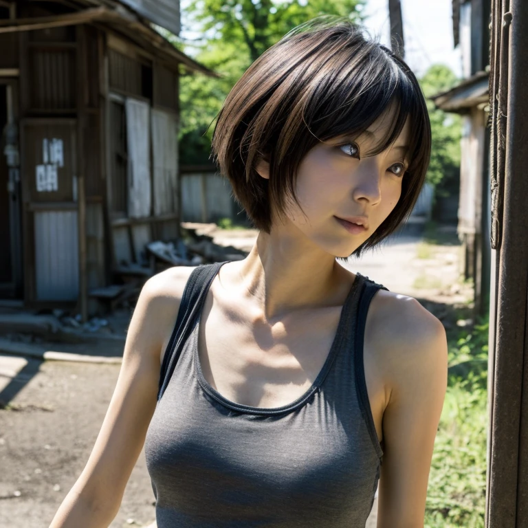A Japanese woman, look at viewr, ((very Short hair)), ((skinny:1.3)), 27-years old, Post-apocalypse, Ruins, tank top,