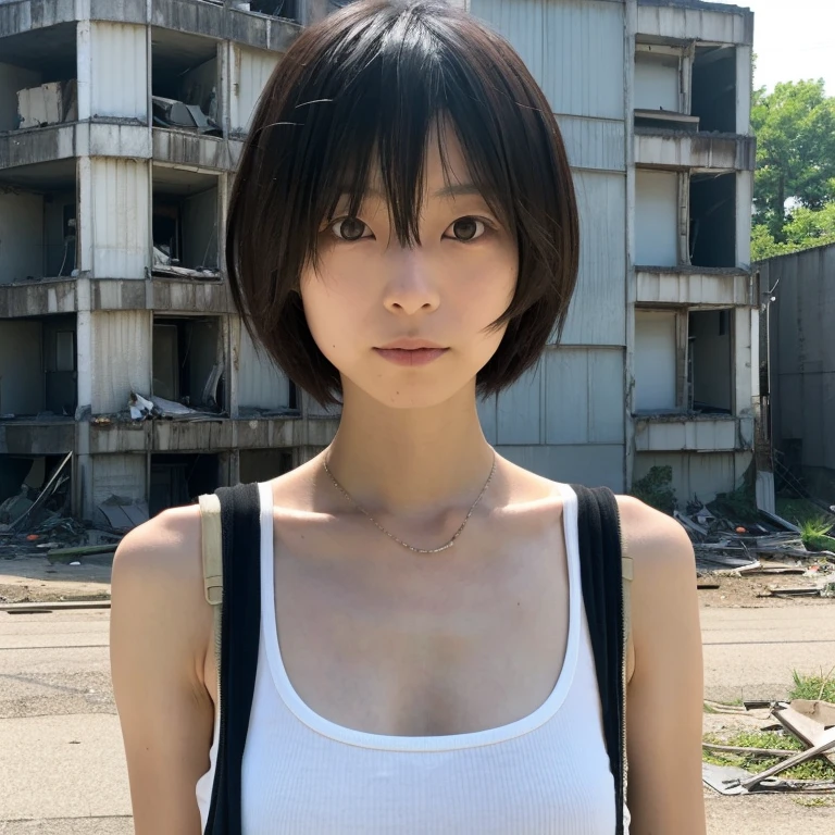 A Japanese woman, look at viewr, ((very Short hair)), ((skinny:1.3)), 27-years old, Post-apocalypse, Ruins, tank top,