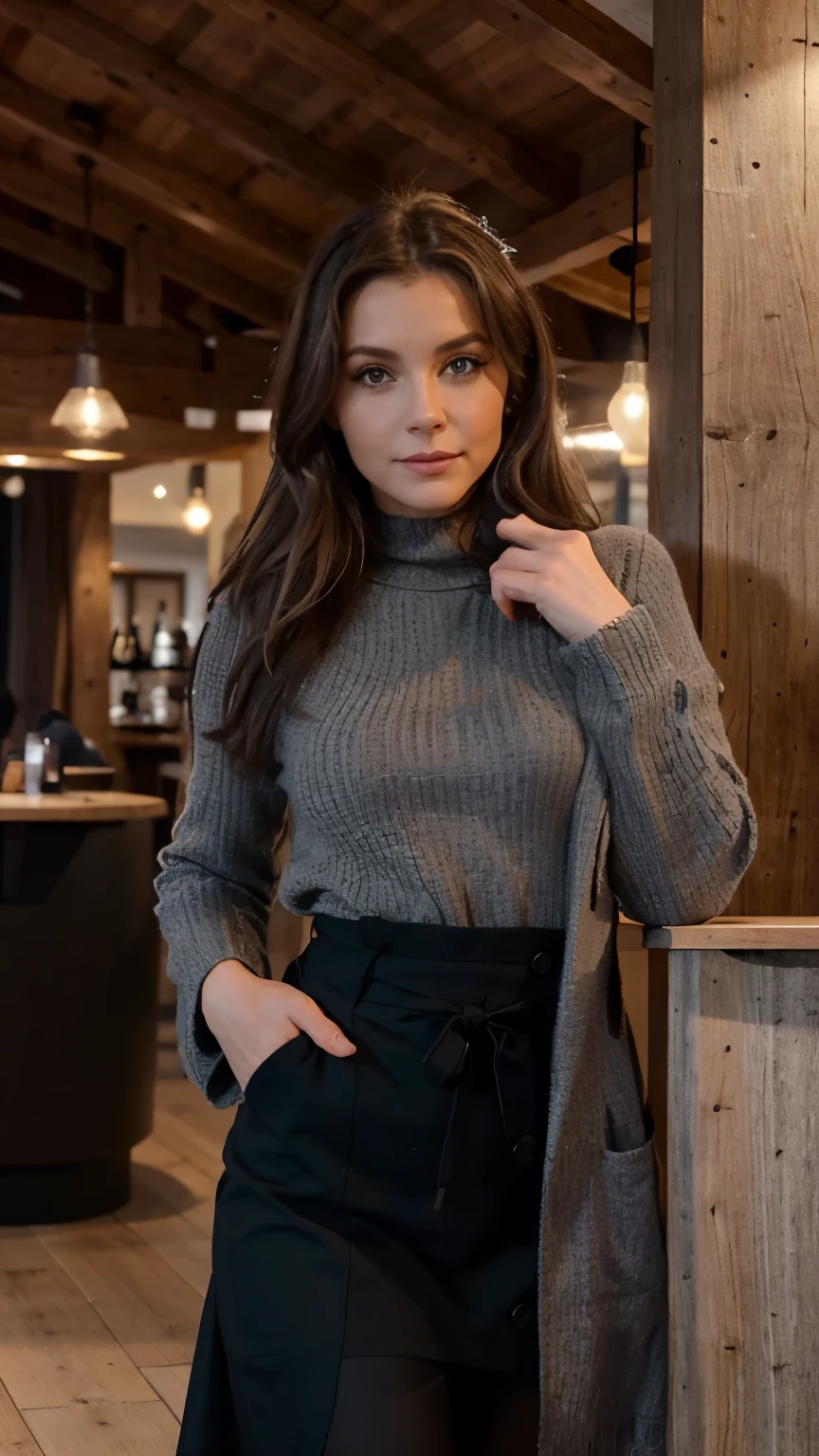 Femme cheveux long noir visage fin typé brésilienne avec les yeux gris vert classe au restaurant en station de ski de courchevel classe avec poitrine moyenne et mince