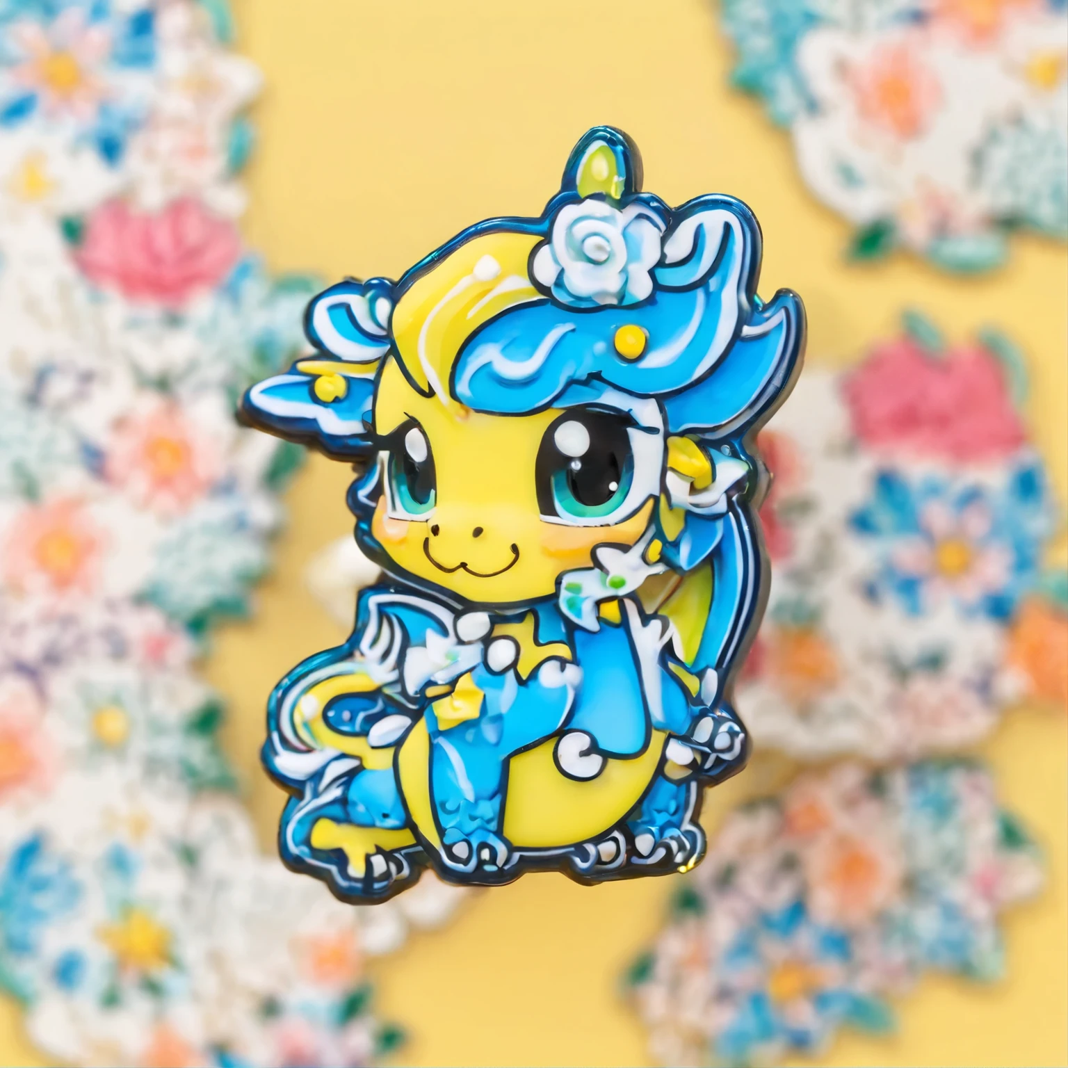 Pin, pins for accessoires, blue and yellow color dragon, mini dragon pin, little kawaii blue and yellow dragon, big eyes, simple pin, blue, yellow pastel color, Standard pins