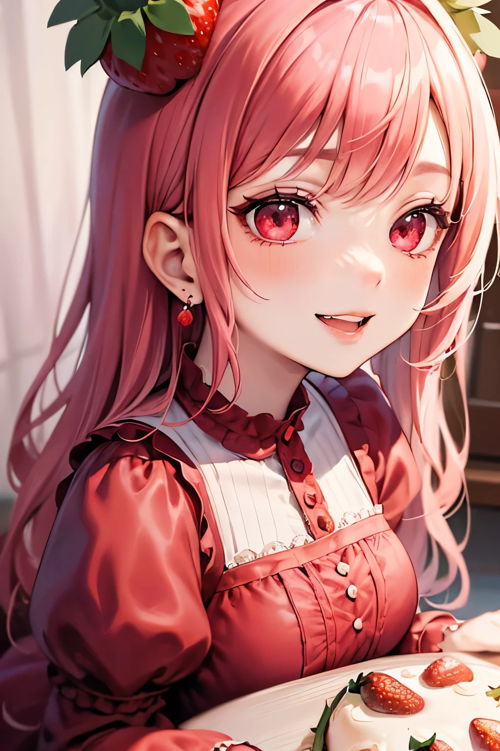 (pastel-red theme:1.2),((Strawberry Gothic Dress with Strawberry pattern:1.4)), (Strawberry ornament:1.3),(Strawberry earrings:1.2),(white Knee High Socks:1.3),(smile:1.2),(Eye size:1.5),(high resolution:1.5),(Vibrant color:1.4),(close up of face:1.5),(Goth style:1.35),