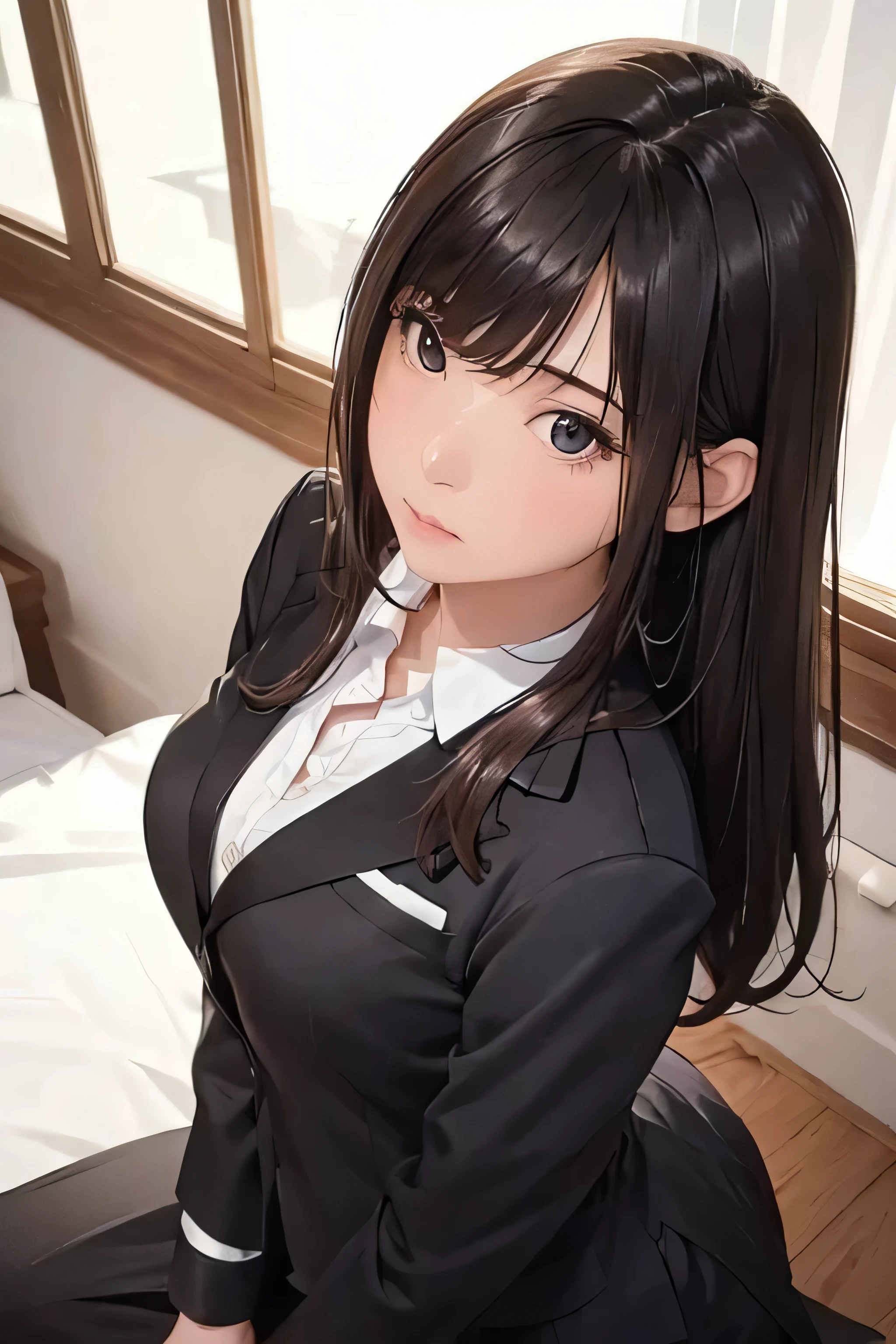(1 girl 24 years old:1.realistic:1.4), (masterpiece, highest quality, highest quality, official art), very detailed, best details, (Super detailed), ((very delicate and beautiful)), cinematic light, (realistic:1.3), (high detail skin:1.2), High resolution, 8K UHD, 4K, 8K, Bokeh, Digital single-lens reflex camera, absurd, Optimal ratio of 4 fingers and 1 thumb,
((silky long hair)), (brown hair), beautiful face, perfect face, highly detailed beautiful face,
cute, shy,faint smile,embarrassing,
hotel room, midnight,
dynamic angle, From above,
((wearing a black formal blazer:1.4)), ((White blouse with collar)), cleavage, skirt, lace pantyhose, white underwear,
Please open your legs a little,good display