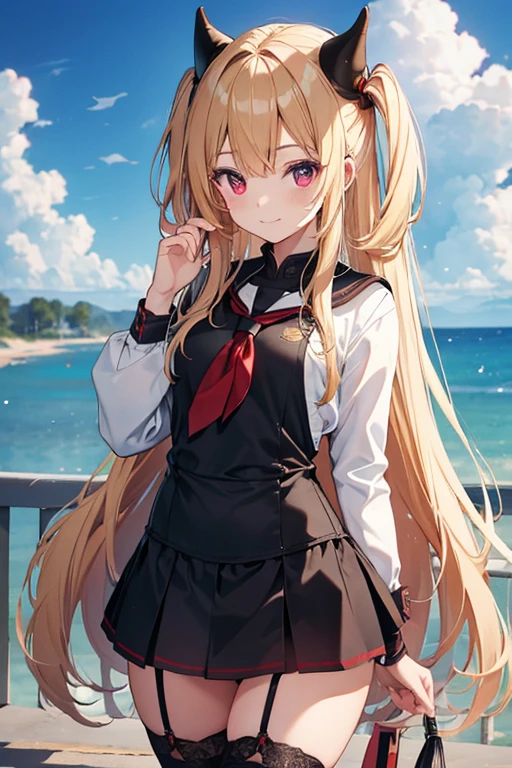 ((highest quality、8K、High resolution、masterpiece、Super detailed))、one girl、Full body photo of the front、((standing))、looking at the camera、golden hair、red eyes、long hair、Big eyes、young girl、smile、school swimsuit、vampire、(black stockings)