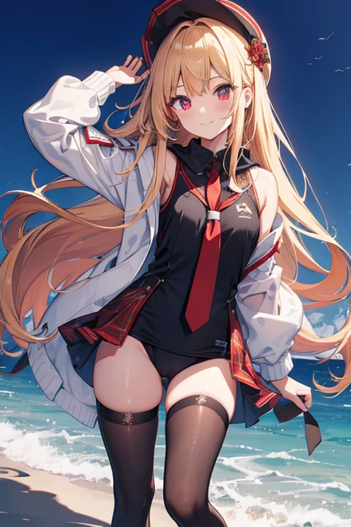 ((highest quality、８K、High resolution、masterpiece、Super detailed))、one girl、Full body photo of the front、((standing))、looking at the camera、golden hair、red eyes、long hair、Big eyes、young girl、smile、school swimsuit、vampire、(black stockings)