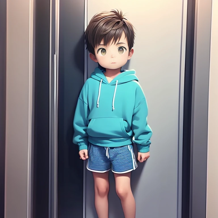 Male child who is looking to the side, with brown hair and blue hoodie and green shorts and brown eyes., 