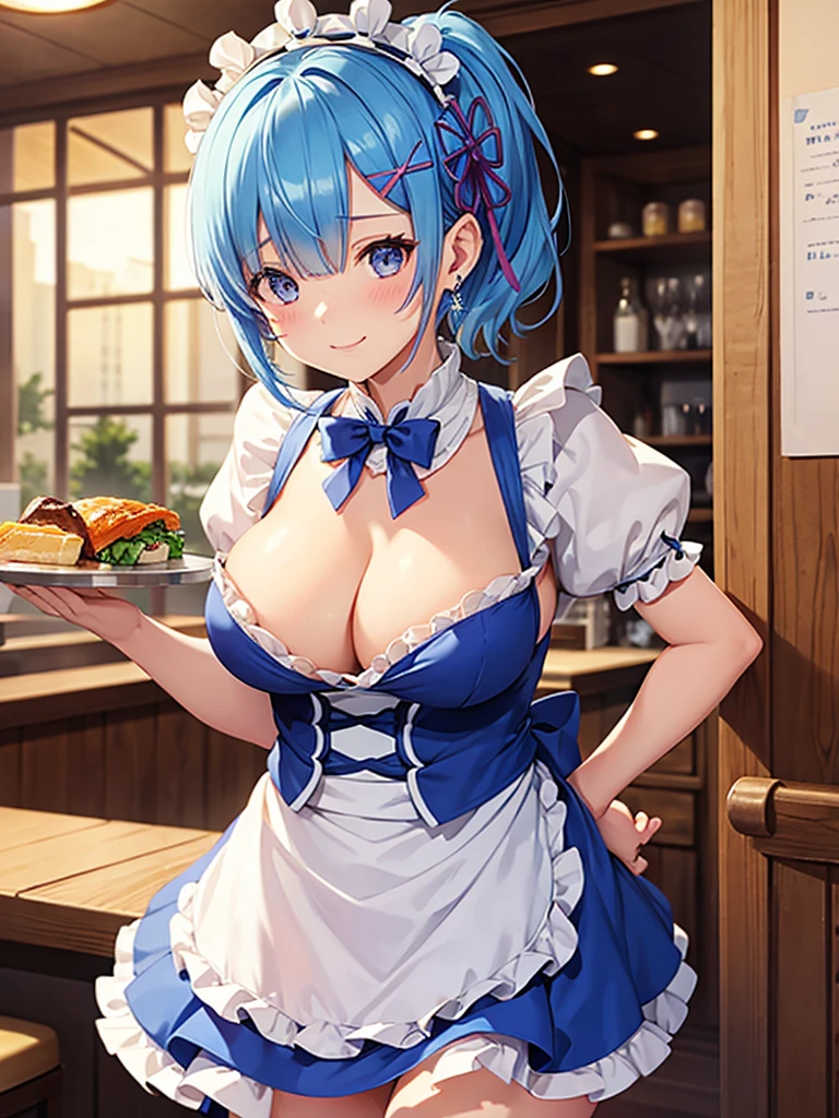 Rem,Re:zero, blue hair,short hair,masterpiece, highest quality, one high school girl, huge breasts, night, indoor, lively restaurant, I pushed the micro bikini, Micro bikini with only strings, ponytail, earrings, white apron, Puffy short sleeves, between breasts, small tray,cleavage bow tie, pelvic curtain, shy smile, happiness, short skirt, maid headdress,