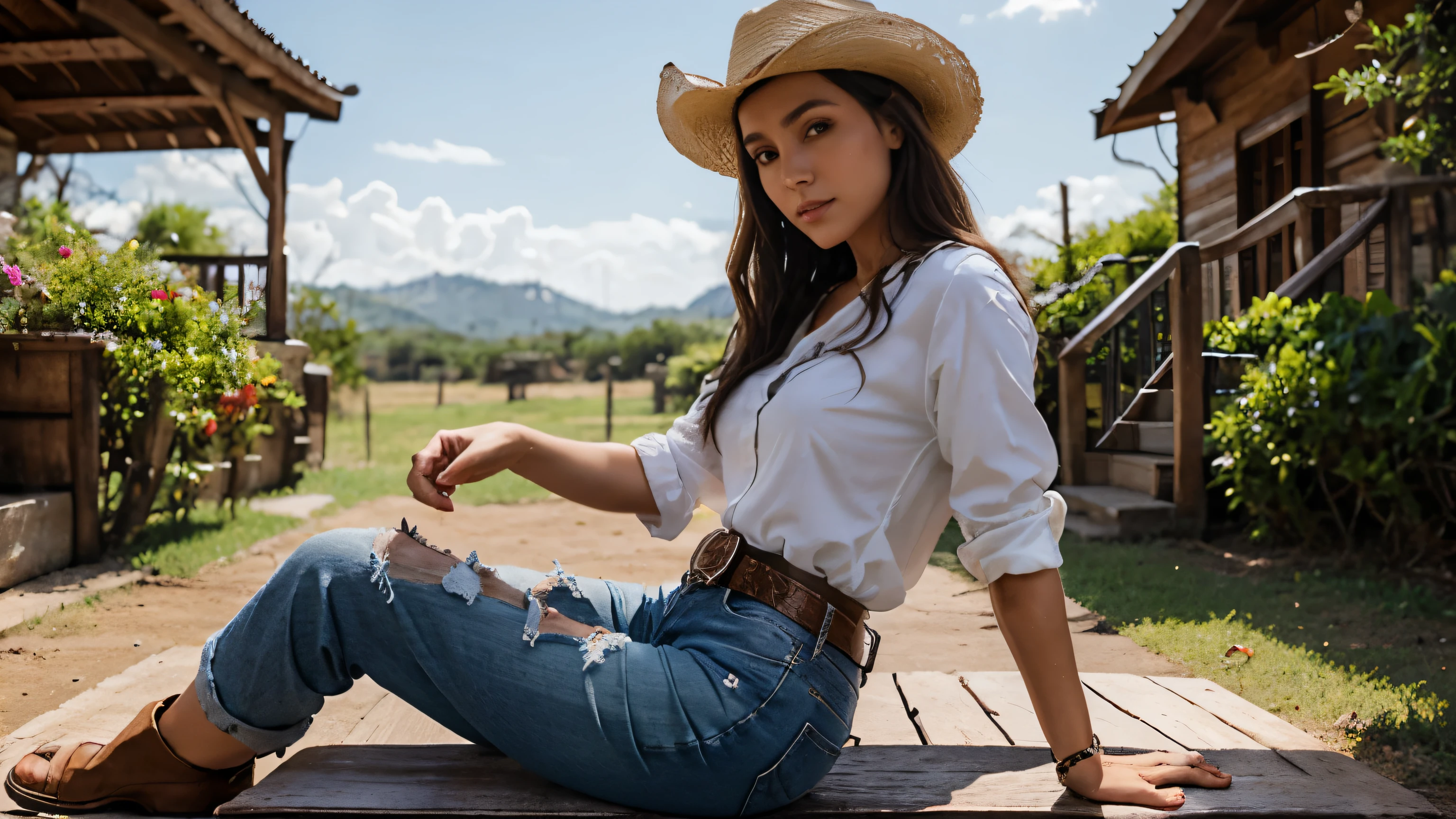 Crie uma cena estilo RPG de uma linda mulher morena de olhos azuis e uma roupa de cowgirl, com shorts jeans, belt and cowboy hat riding on the back of a cowboy.
