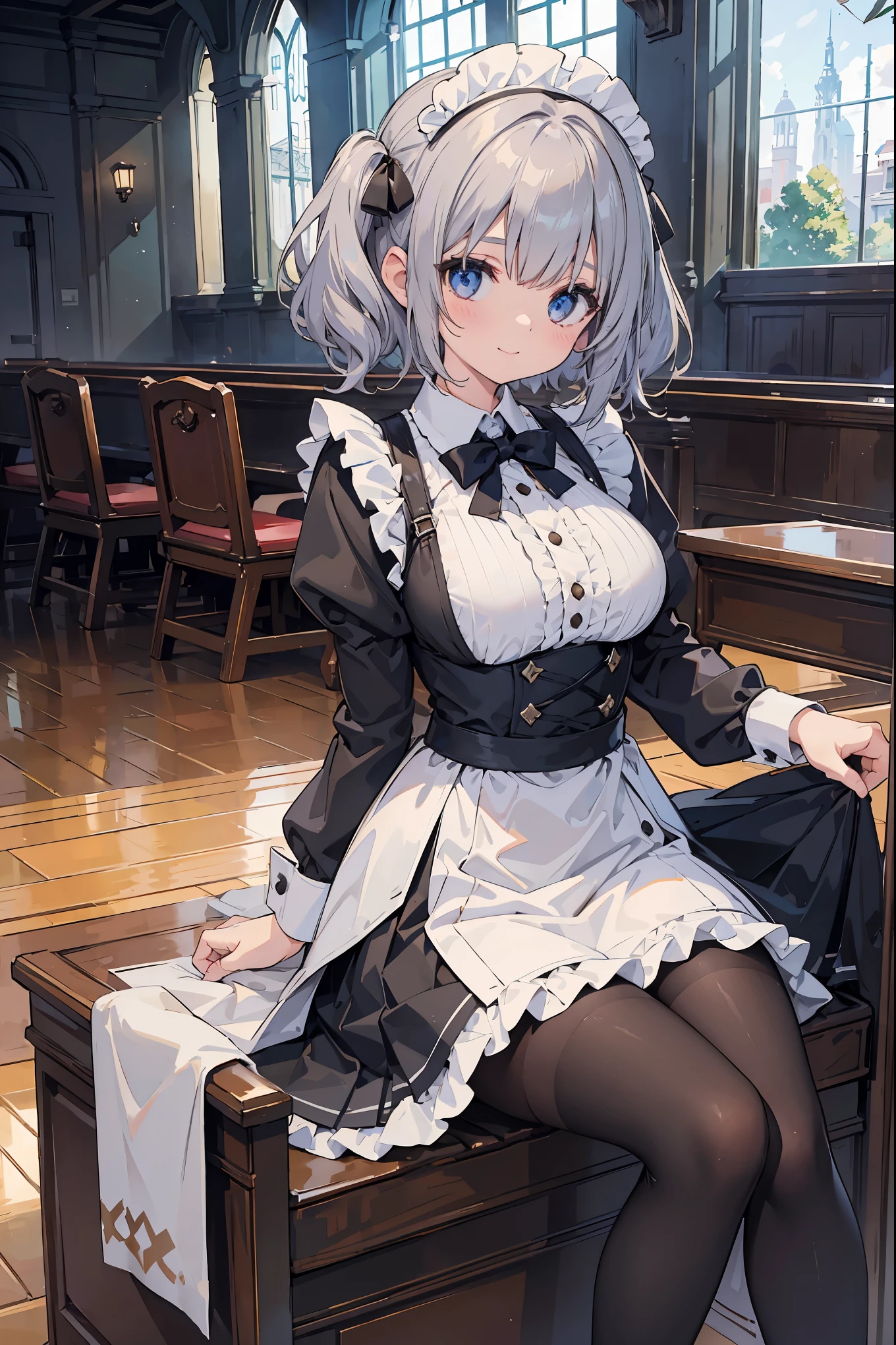 1girl,short hair,silver color hair,maid costume coordinate,black tights,short boots,curly hair twin tail,pale pigment girl,pure white girl,big breasts,church city,Beautiful lady,beautiful,face up,girl sitting, upward glance cute, standing with thighs spread to the left and right, smile, captivating genius,