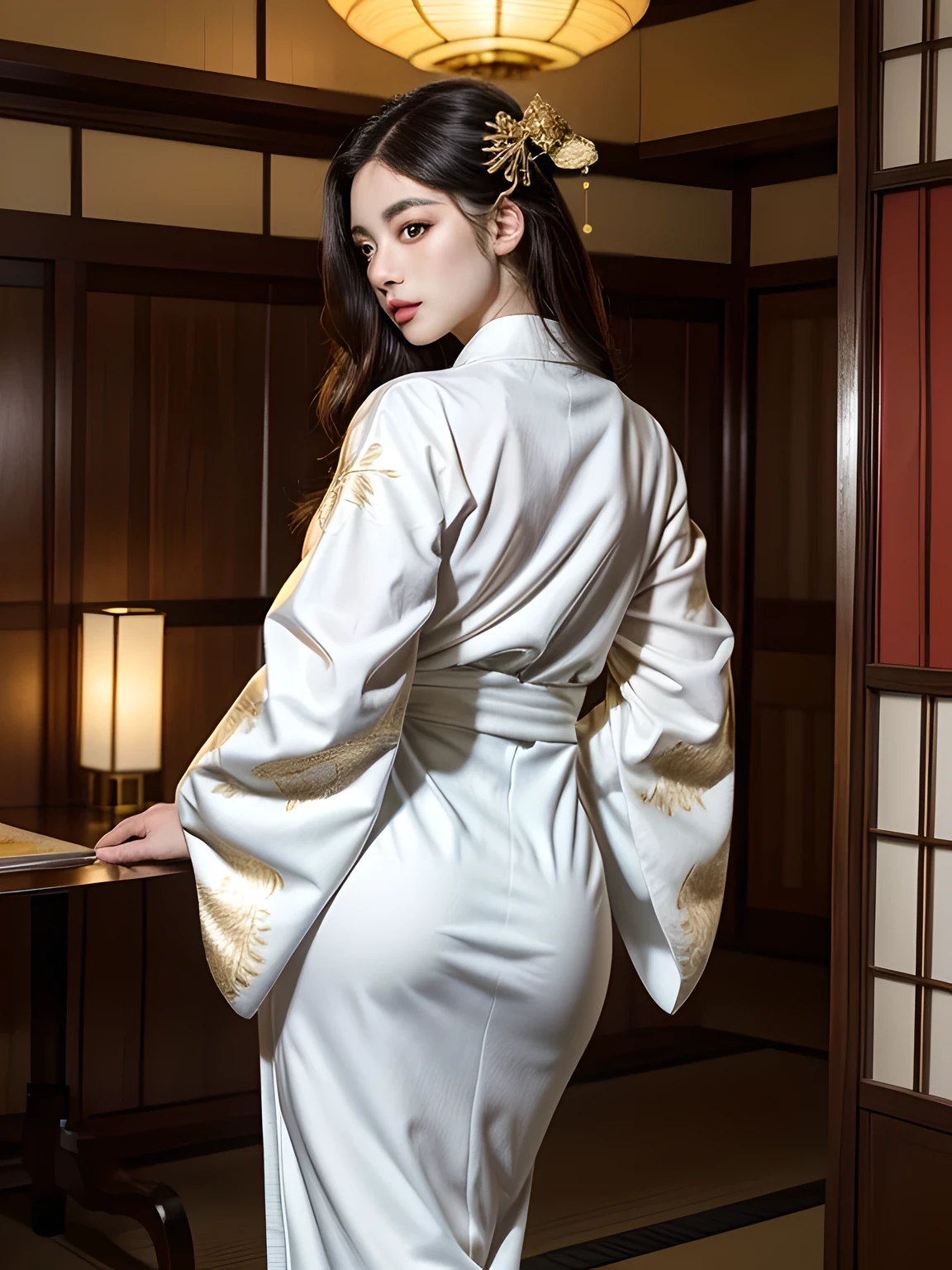 (Beautiful model in Japanese kimono commercial, beautiful straight long black hair), solo, ((face is 80% beauty and elegance, 20% pretty and cute:1.5)), clear eyes, (detailed eyes, light green eyes, bright pupils), Double Eyelids, (sexy lips with a little thickness:1.2), ((super detailed and incredibly high resolution Deep-white Kimono:1.2)), Highly Detailed Face Texture, striking body shape, curvy and very attractive woman, high-resolution RAW color photo pro photo, BREAK ultra high-resolution textures, High-res body rendering, big eyes, unparalleled masterpiece, incredible high resolution, super detailed, stunning ceramic skin, BREAK ((Facing back to show the pattern of the Kimono:1.5)), ((Wearing a white kimono with plenty of glittering gold embroidery of a rising-chinnese-dragon:1.5)), ((The white kimono has a very dazzling embroidery of a rising-chinnese-dragon:1.2)), (Finely crafted and sensual Japanese kimono), ((The embroidery pattern is a Chinese-dragon rising to the sky):1.2), ((elaborately and elegantly decorated White Kimono)), (Taken in front of a round fusuma window in a Japanese-style room)), BREAK ((Best Quality, 8k)), Crisp Focus:1.2, (Layer Cut, Big:1.2), (Beautiful Woman with Perfect Figure:1.4), (Beautiful and elegant rear view:1.3), Slender waist, (Correct hand shape:1.5), (Full body shot | cowboy shot)