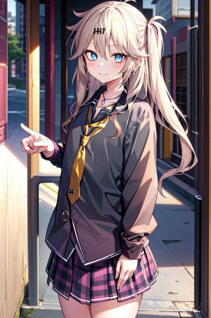 masterpiece, highest quality, High resolution,8K。 Kasukabe Tsumugi ,1 girl, blonde hair, long hair, beautiful eyes, jewelry, black shirt, Tied shirts, Pink necklace, blue tie, plaid skirt,, smile, Are standing, cowboy shot, outdoor,neat fingers,hand,