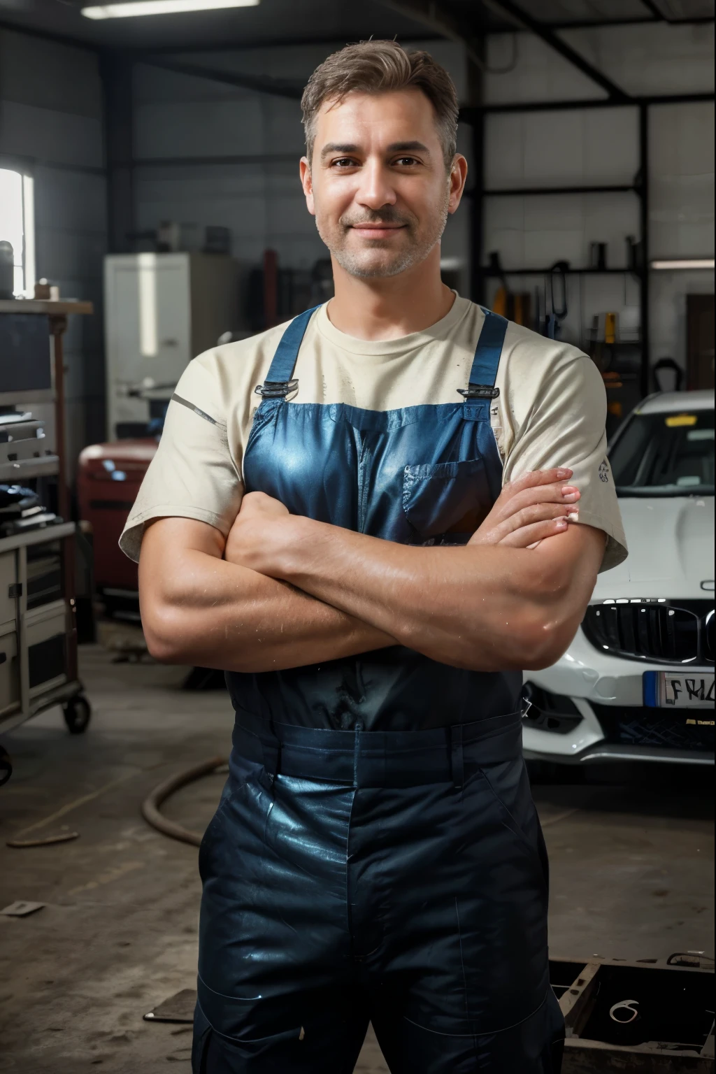 (best quality,4k,8k,highres,masterpiece:1.2),ultra-detailed,(realistic,photorealistic,photo-realistic:1.37), a happy male car repairer standing next to a car, vibrant colors, professional lighting, detailed car parts, tools and equipment, bustling workshop atmosphere, mechanic's overall attire, focused expression, shining metallic surfaces, glossy car paint, busy repair shop background