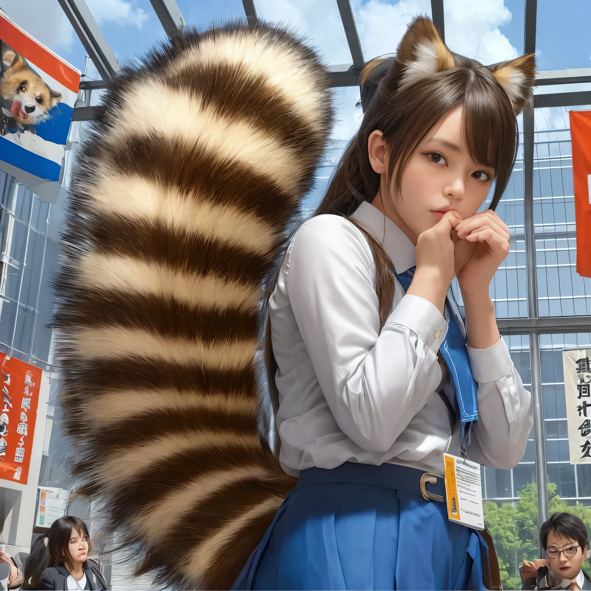 woman stands with a tanuki tail, (software) safe for work, fur with tail, software version, coworkers, realistic style, , realistic style , beautiful girl, photograph, 最high quality, (Her skirt is flipped up and her tail is visible.:1.8) ,Reality, small breasts, slender, white panties,tail from above panties, Tail from inside the skirt, bushy tail, realistic tail, flat chest, (software) safe for work, nffsw, retina, muste piece, Accurate, anatomically correct, super detail, advanced details, high quality, 最high quality, High resolution, 1080p, 4k, 8K, The tail is sticking out from inside the skirt, long tail, surprised face,
