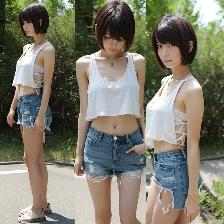 A Japanese woman, look at viewr, ((very Short hair)), ((skinny:1.3)), 27-years old, Post-apocalypse, Ruins, tank top, hot pants, 