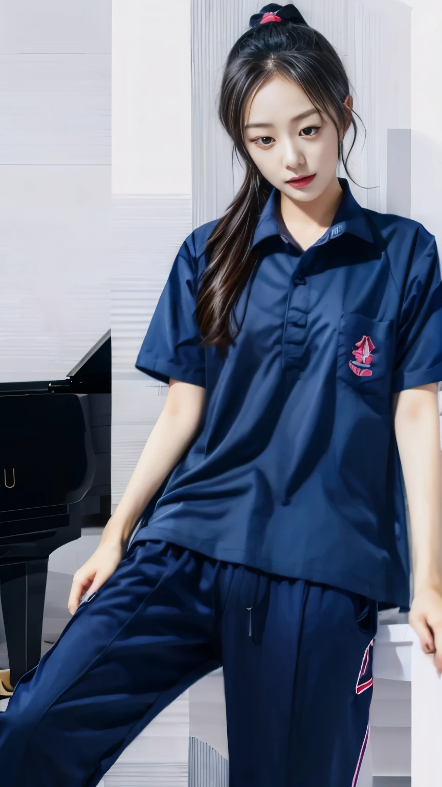 friendship,2 girls in the piano room, Navy blue short-sleeved shirt,Navy Long Trackpant,Sweatpants, Sweatpantsขายาว,25 year old girl, lesbian, sexy, lying on the bed., exercise clothes