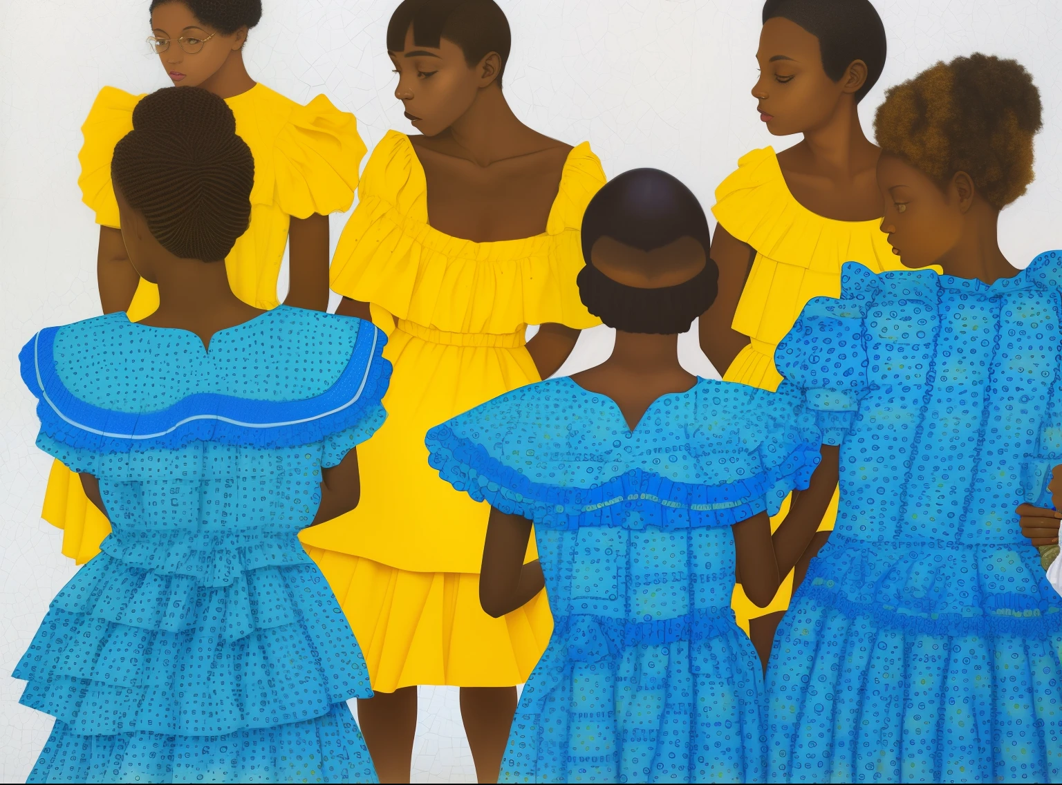 there are four children in blue dresses standing together, with yellow cloths, in blue and yellow clothes, by Makoto Aida, inspired by Barkley Hendricks, by Evelyn Abelson, by Pamela Ascherson, by Iwasa Matabei, by Ingrida Kadaka, by Chinwe Chukwuogo-Roy, by David Brewster