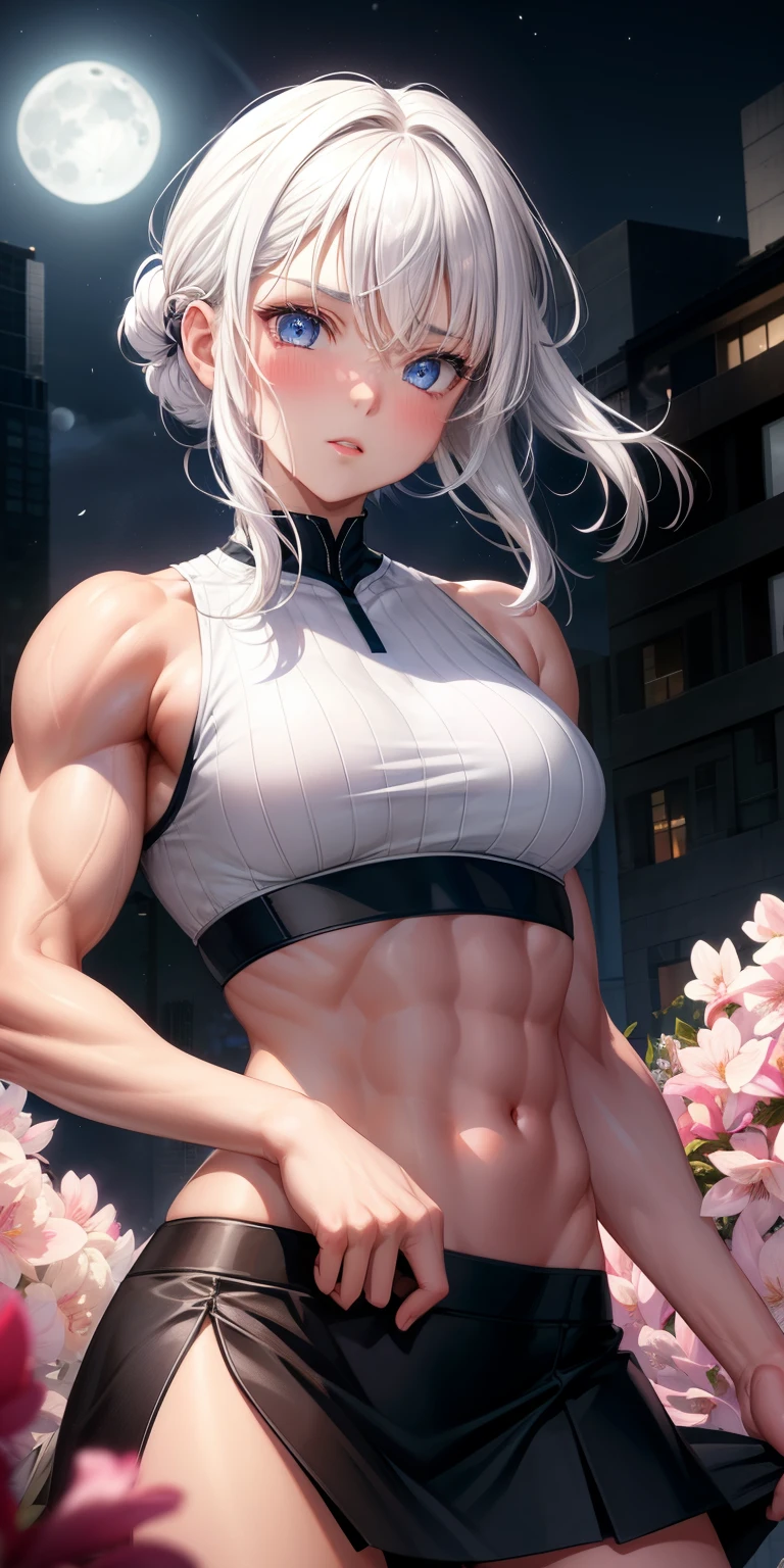 actual, 1 girl, white hair, blue eyes, glowing eyes, crop top, skirt, open lips, blush, Gym, flowers, night, moonlight, abdominal muscles, muscle , biceps