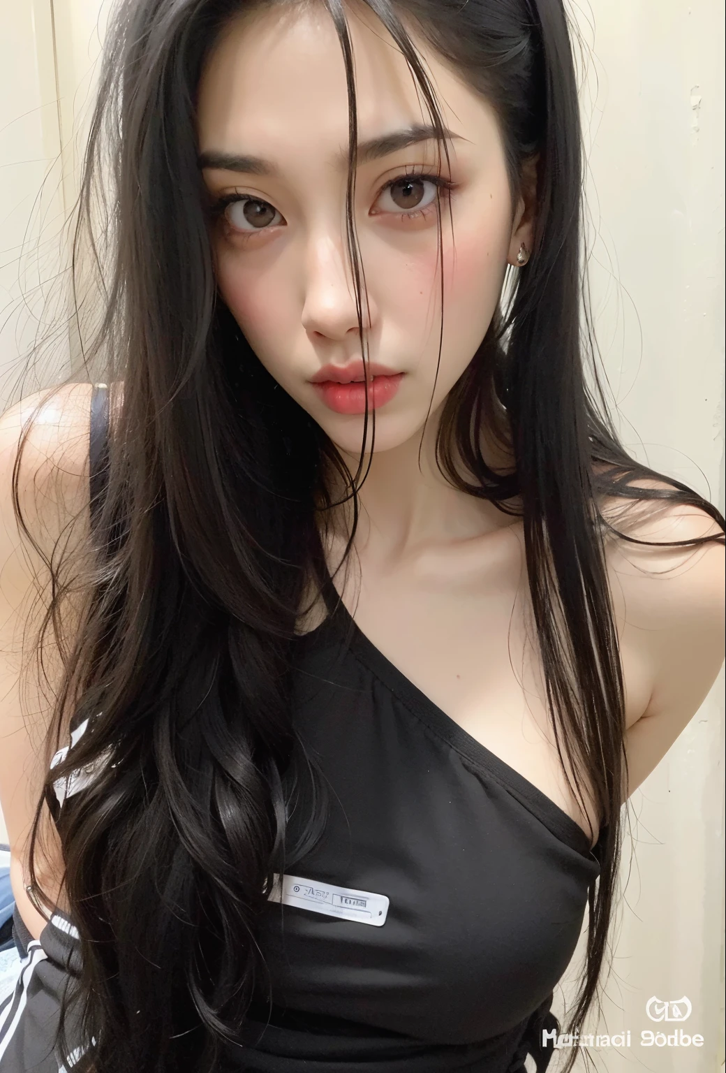 Araffed Asian woman with long black hair and a black top, cruel korean gothic girl, con cabello largo and piercing eyes, ulzzang, pale gothic beauty, pale skin and dark eyes, pale and light skin!!, con cabello largo, with pale skin, she is about 1 6 , pale porcelain white skin, pale ivory skin, con pelo largo y oscuro