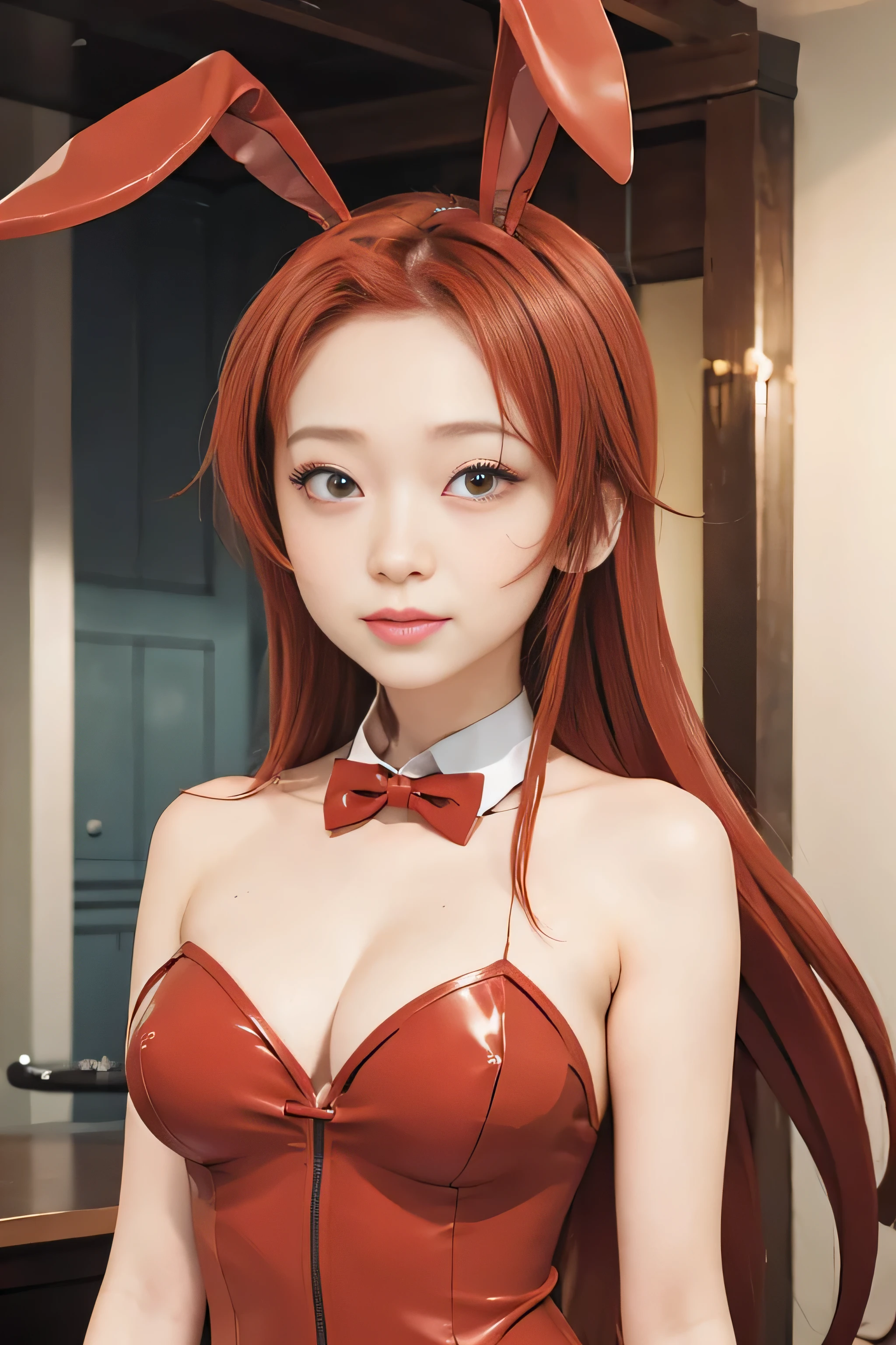 masterpiece, best quality, (realistic,photo-realistic:1.4), (RAW photo:1.2), extremely detailed CG unity 8k wallpaper, delicate and beautiful, amazing,finely detail, official art, absurdres, incredibly absurdres, huge filesize, ultra-detailed,extremely detailed eyes and face,light on face,little smile,(red hair:1.4),(red eyes:1.5),(bunny suit:1.5),bedroom