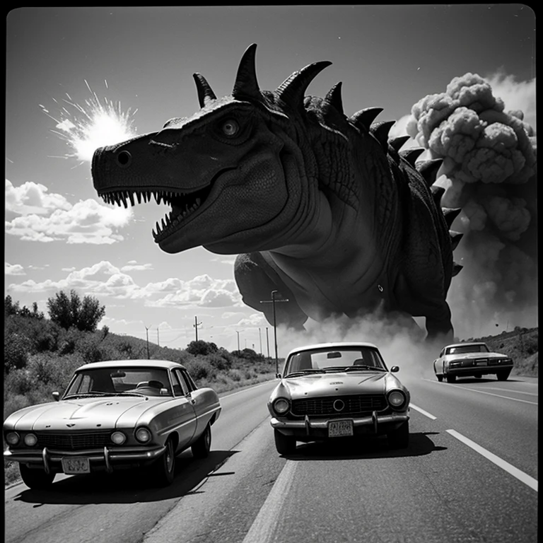 a vintage photo with the science-fiction theme showing a dinosaur rampage on the highway and cars exploding taken from the drivers seat showing aging with scratches, photography, film noir