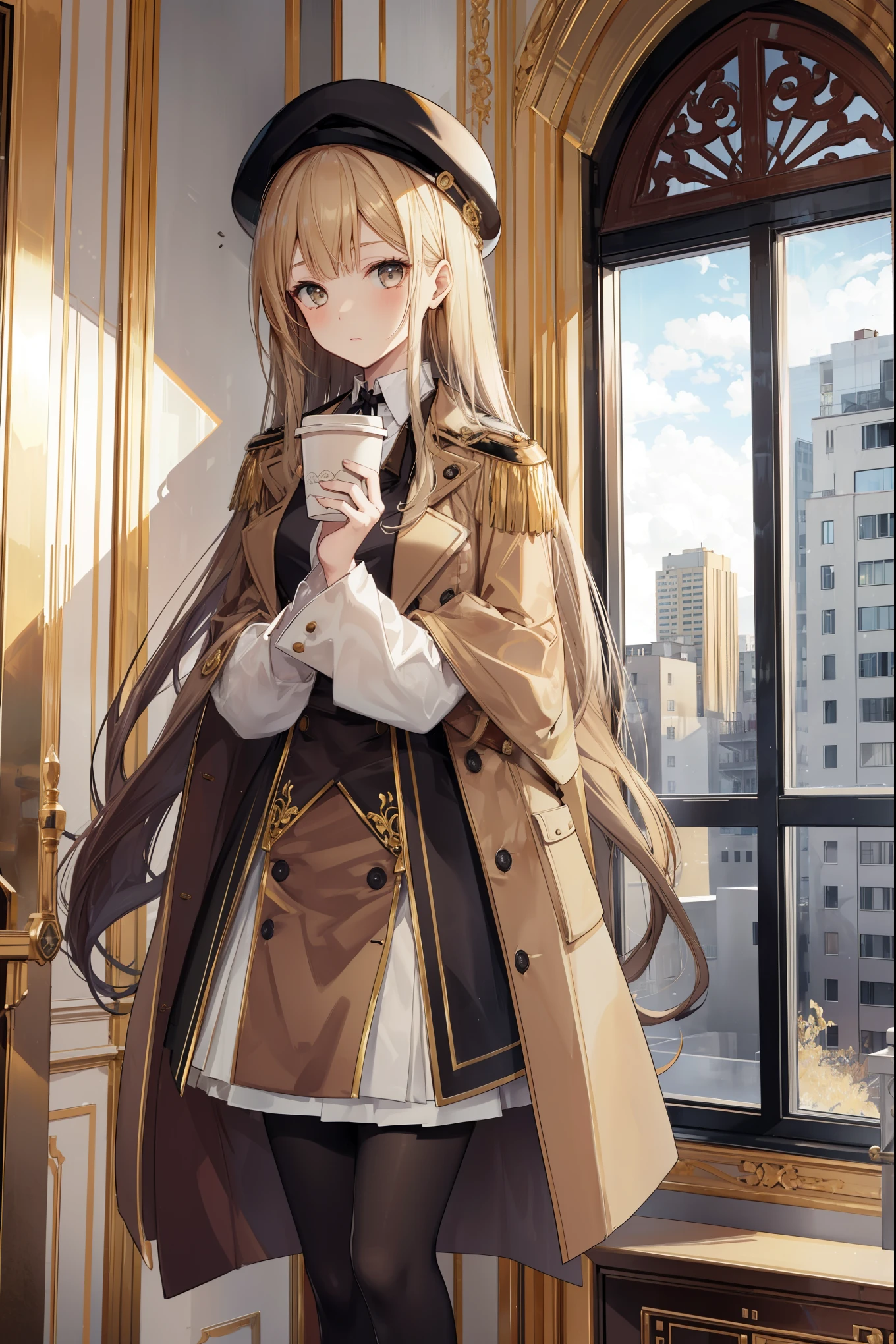 girl, white blouse, miniskirt, black pantyhose, brown overcoat, berets, standing, holding a cup of coffee, ornate clothes, intricate clothes, extra long hair, familiar face, brown and gold tones, in a high-end room, window, tall buildings, day