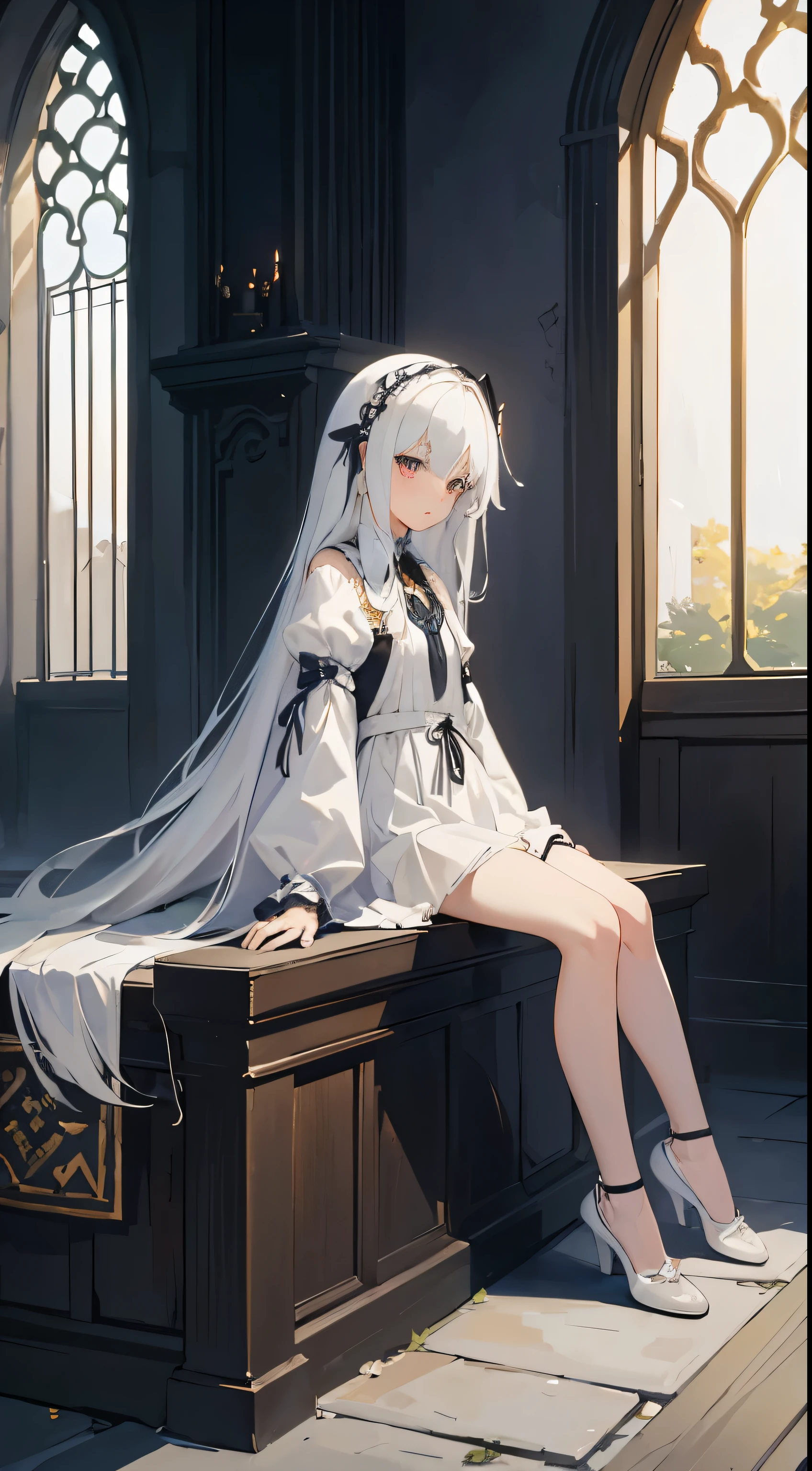 masterpiece, best quality, 1 girl,white hair,charming,sitting position,Change,flat chest,long hair,(Magic makes),(plainly dressed),Looking into the distance,Completely back to back,medieval pastoral style,over distances