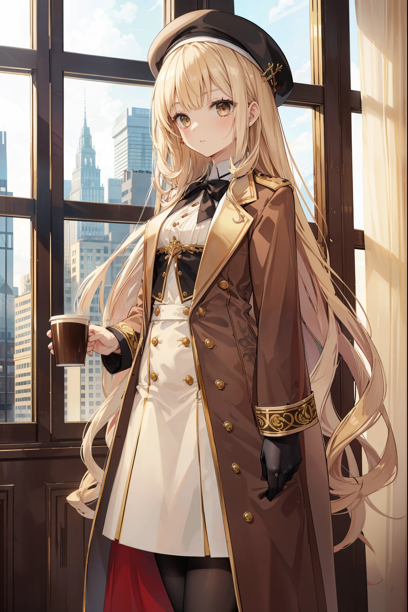 girl, white blouse, , black pantyhose, brown overcoat, berets, standing, holding a cup of coffee, ornate clothes, intricate clothes, extra long hair, familiar face, brown and gold tones, in a high-end room, window, tall buildings, day