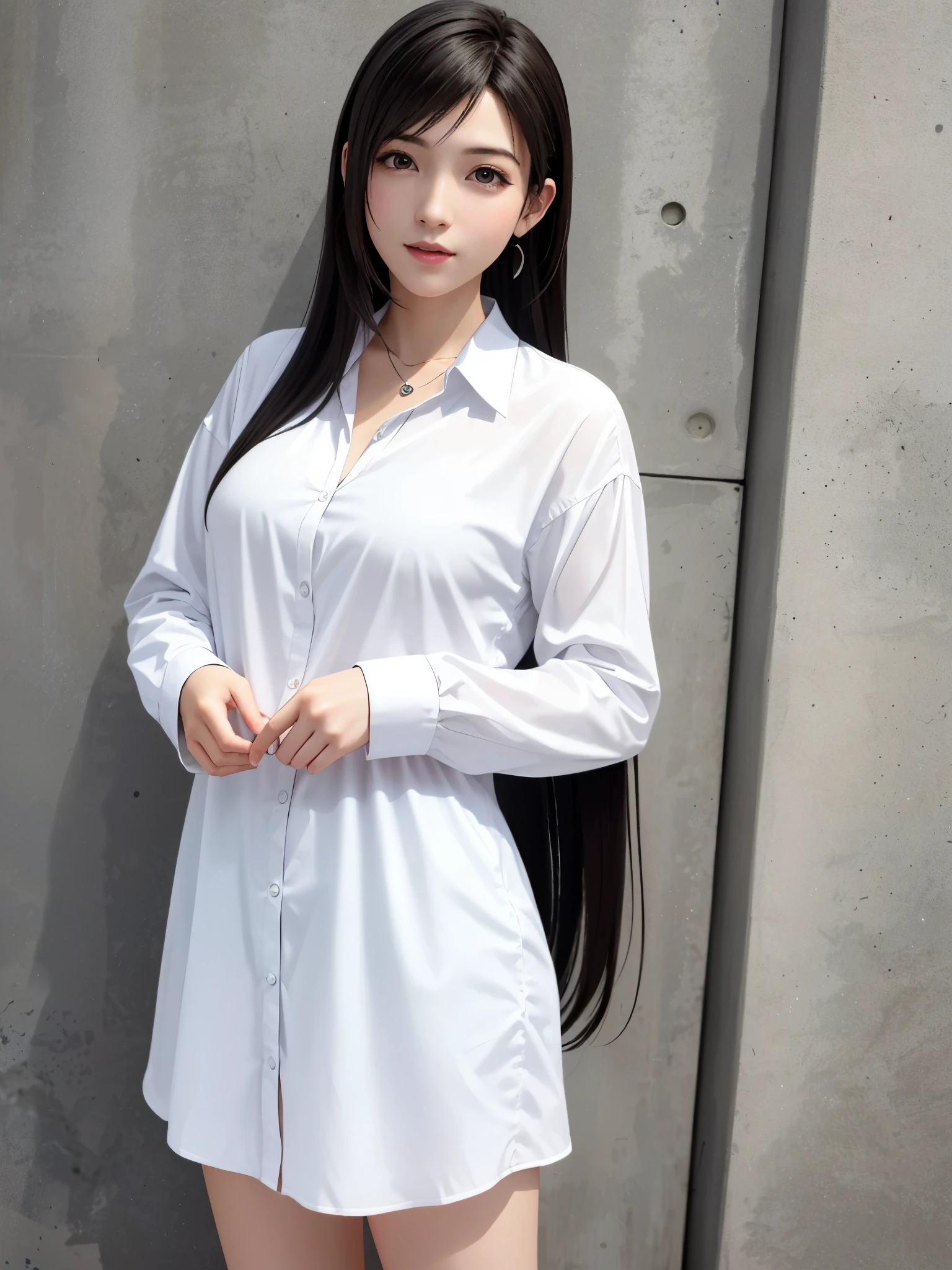(top quality, masutepiece: 1.1), (Realistic: 1.3), BREAK (((FF7,Tifa_lockhart))),(solo,Tifa:1.2),(boyfriend's clothes:1.3,oversized long white shirt:1.3,long sleeve:1.2,shirt dress:1.3) ,(japan,sibuya,city, outdoor,behind wall,neon),(cool pose:1.1),Ultra-detailed face, Detailed eyes,Red eyes, BREAK (((FF7,Tifa_lockhart))),(black brown hair, Large breasts: 1.0), BREAK (no bra),(no panties),About 18 years old,kawaii,shy:1.1,meeting up for a date,waiting,cowboy shot