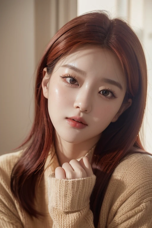 RAW photo of Nancy Jewel McDonie from momoland korean girl idol with sweater, red hair, Photorealistic, Hyperrealistic, Hyperdetailed, low cut, detailed skin, soft lighting, subsurface scattering, realistic, heavy shadow, masterpiece, best quality, ultra realistic, 8k, golden ratio, Intricate, High Detail, film photography, soft focus
