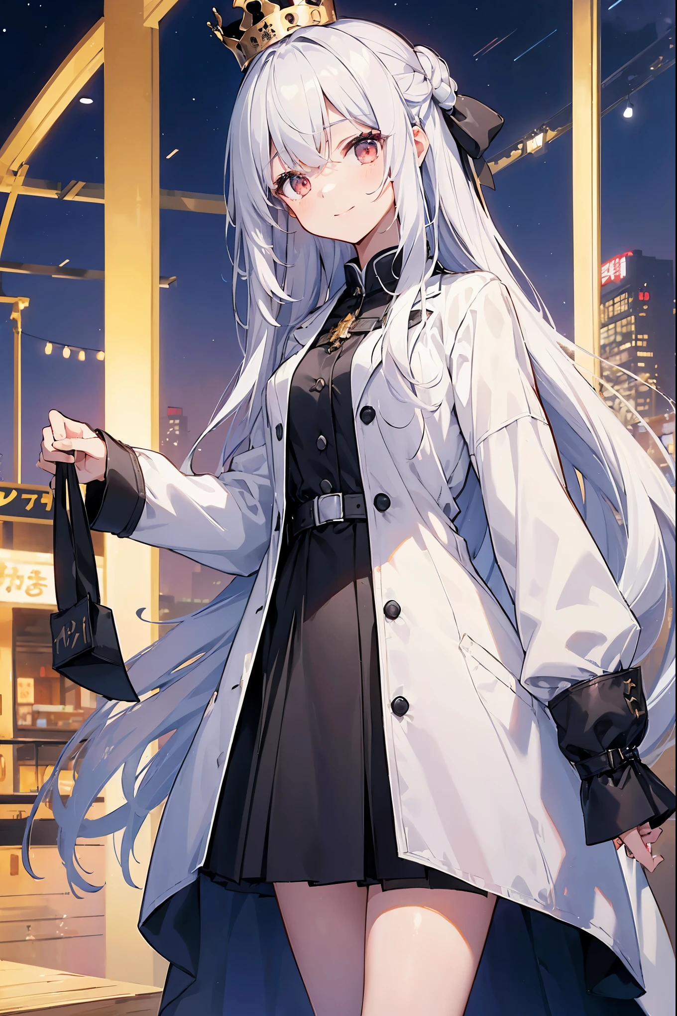 ((masterpiece:1.4、quality:1.2))、1 女孩Shown in、solo focus、delicate face、Highly detailed anime faces and backgrounds：1.3、(transformation sequence)、((Long straight hair))、I am、I am、12 year old girl、、Shown in、Chiquita、a junior high school student、A white-haired one、red eyes((White shirt and black long jacket))、（high legs）、put the crown on your head、a smile、正Shown in站着、facing forward、boat girl、descendant of dragon、military port、navy、azur lane、白头发red eyes