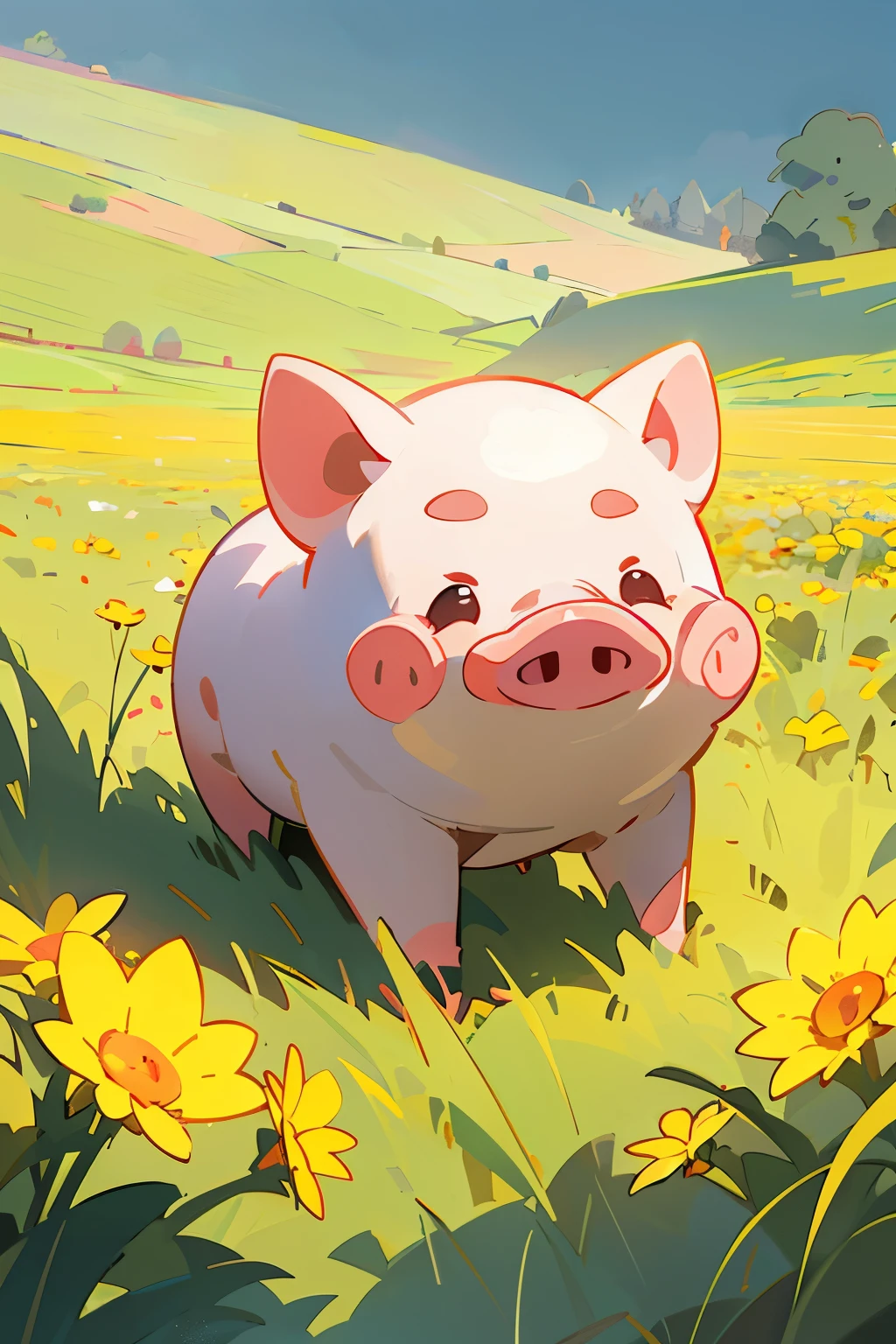 Illustration of a cute little pig smiling in a field A design that is easily accepted by men