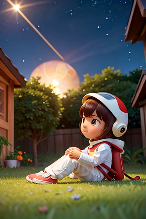 In the backyard of his house, a child of about 6 years old sitting on the ground wearing an astronaut outfit looking at the starry sky.